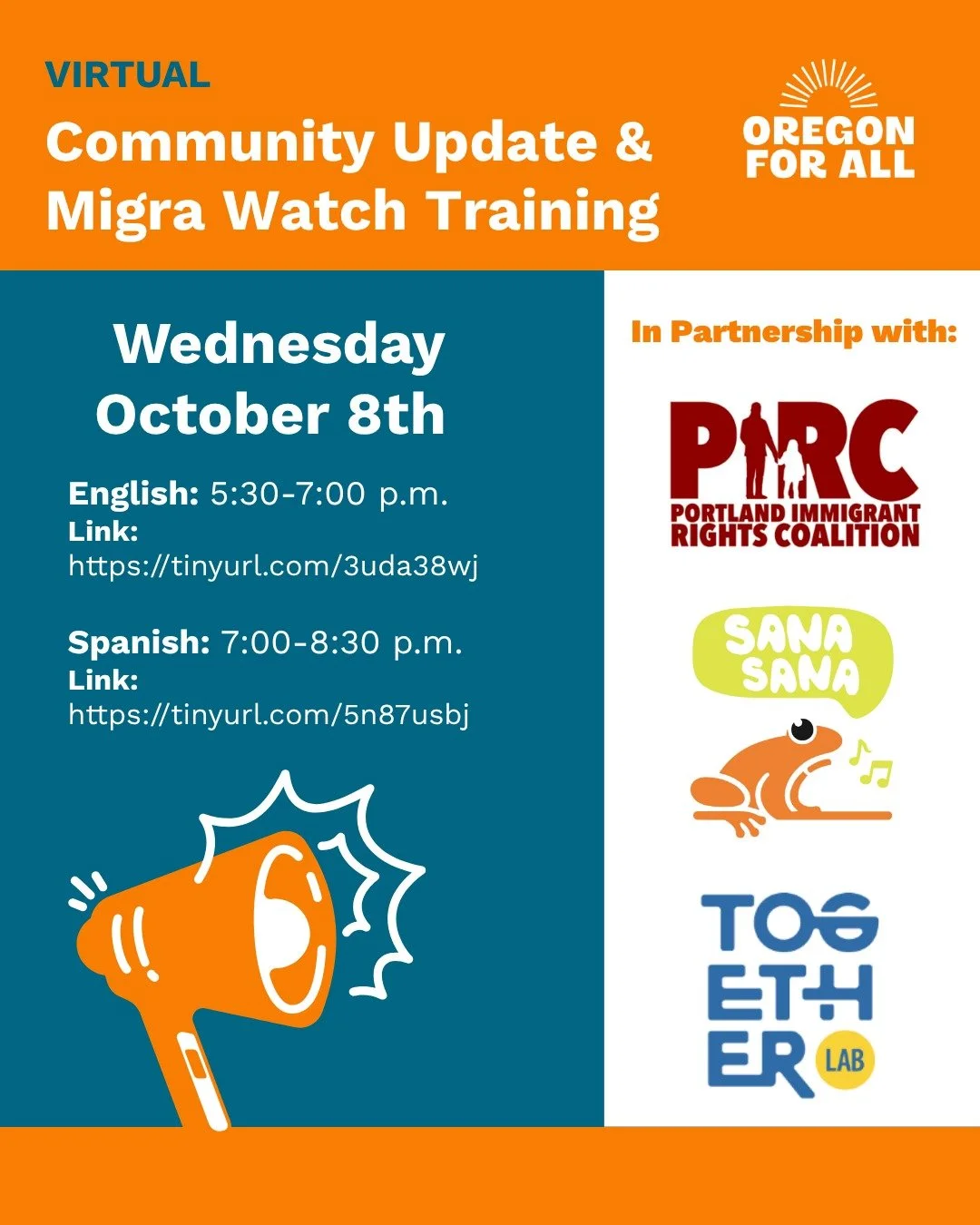 🚨📢 HAPPENING THIS WEDNESDAY, 10/8! Join our community partners for a Community Update &amp; Migra Watch Training. This is a great way to help keep our communities safer as ICE continues to be a presence in Oregon.