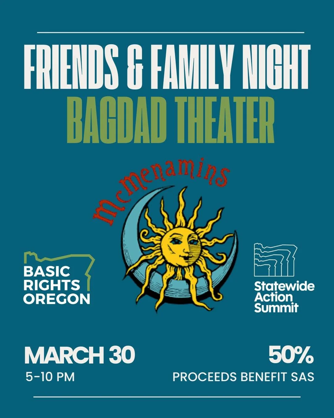 Join us Monday, March 30th from 5 to 10 p.m. at McMenamins Bagdad Theater &amp; Pub for a friends and family night benefiting BRO! Half of the night&rsquo;s proceeds will go towards our Statewide Action Summit, which allows us to offer discounted tic