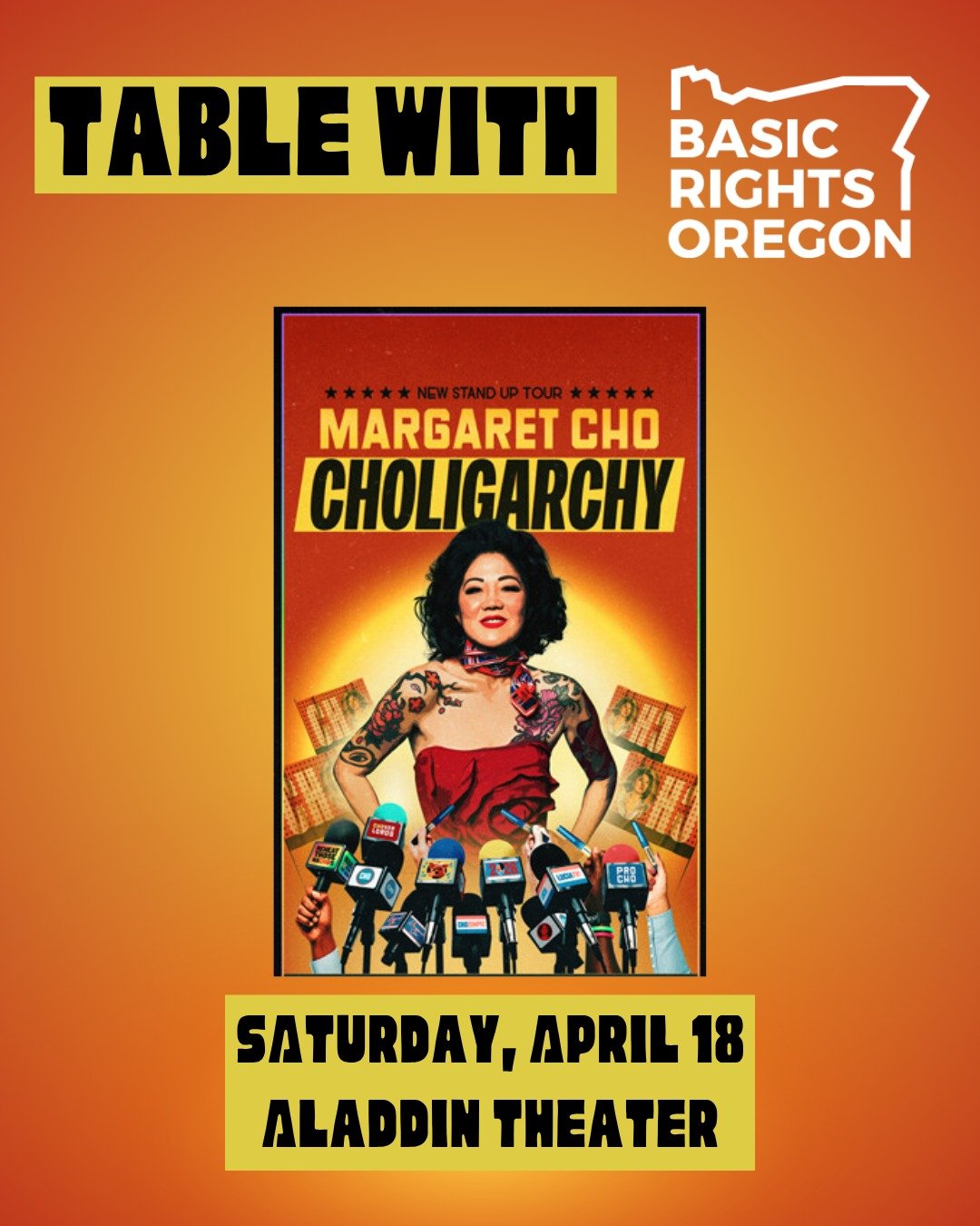 Table with Basic Rights Oregon this Saturday at the Aladdin Theater and stay for @margaret_cho's Choligarchy Tour! 

Comedian. Actor. Musician. Advocate. Entrepreneur. Five-time Grammy and Emmy nominee. When hasn&rsquo;t Margaret Cho&rsquo;s strong v