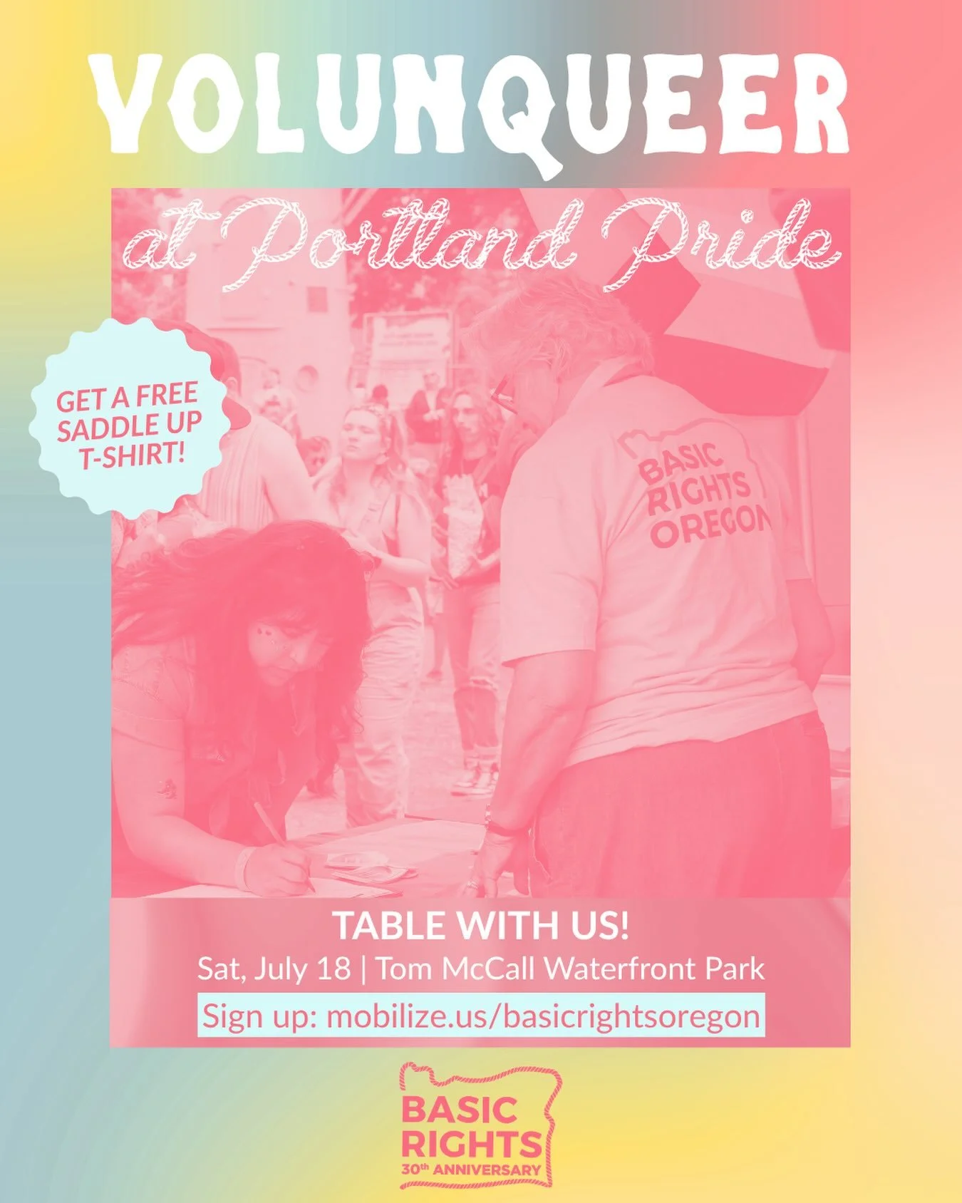 VolunQUEER at #PortlandPride 🪭 

We&rsquo;re still looking to fill some tabling shifts on Saturday at the waterfront. Come hang out, meet new folks, and get a free tee!

Link in bio to sign up 💞