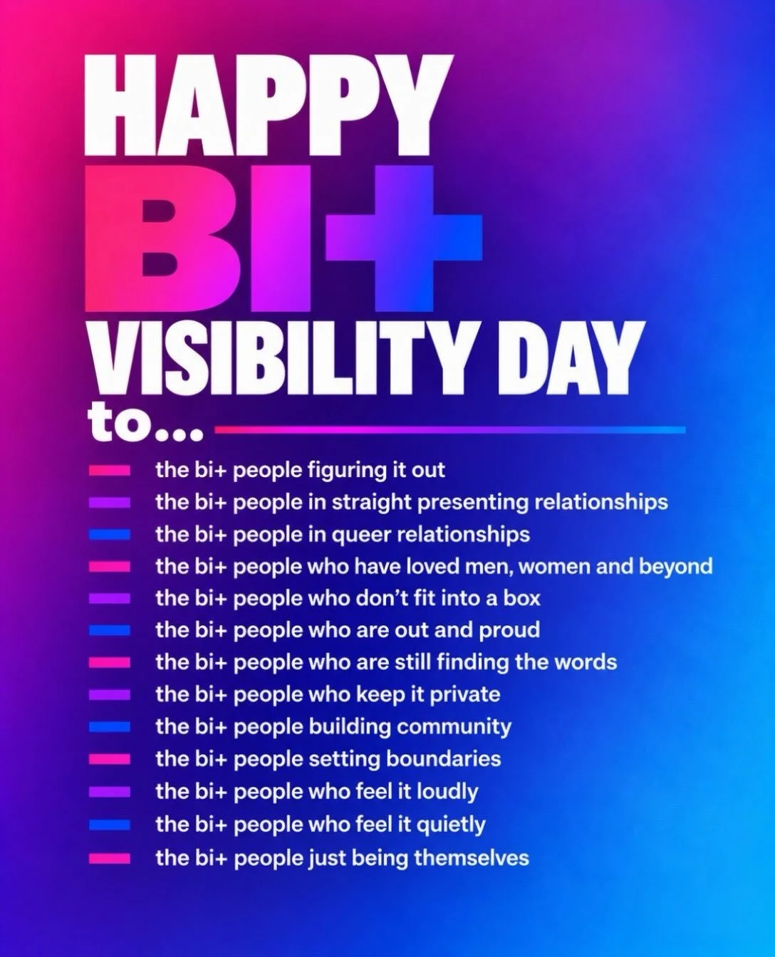 Happy #BisexualVisibilityDay to all our bi+ baddies!

Your experience is valid and you don&rsquo;t have to prove anything to us. We see you, bicons! 🩷💜💙
