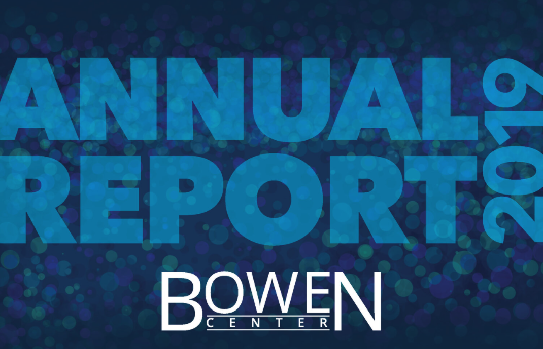 Cover page of an annual report with large blue text reading 'ANNUAL REPORT 2022' and a BOWEN CENTER logo at the bottom.