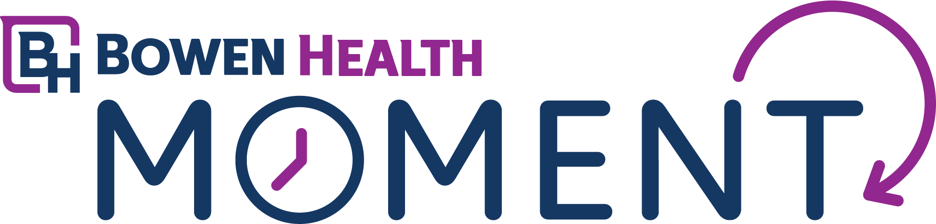 Logo for Bowen Health Moment featuring text and a clock integrated into the design
