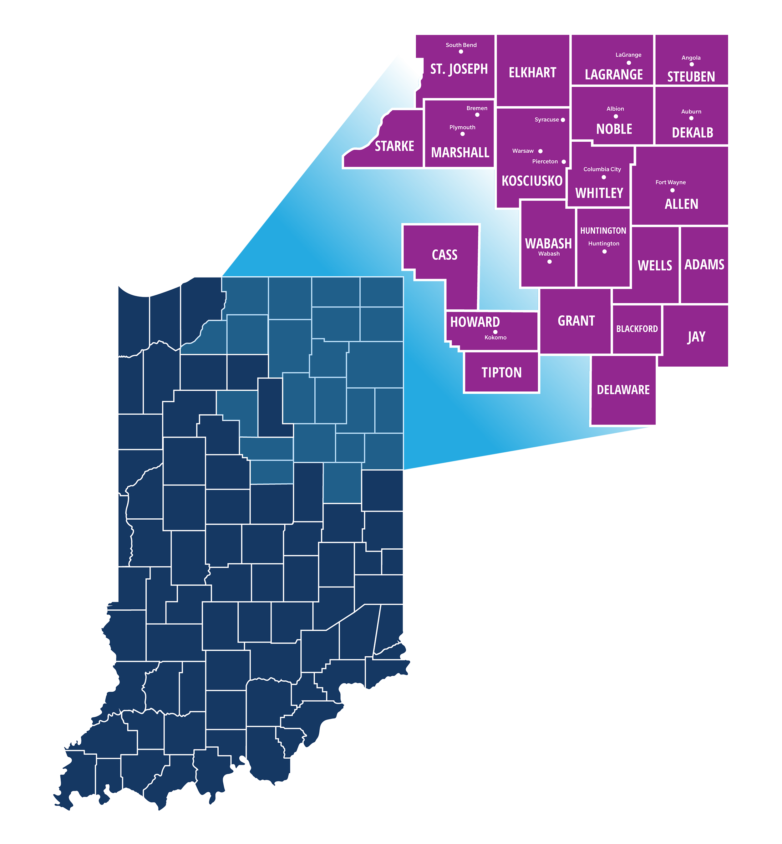 Map of Indiana showing counties, with the northeastern counties highlighted in purple and labeled with city names, and the rest of the state in dark blue with county borders visible.