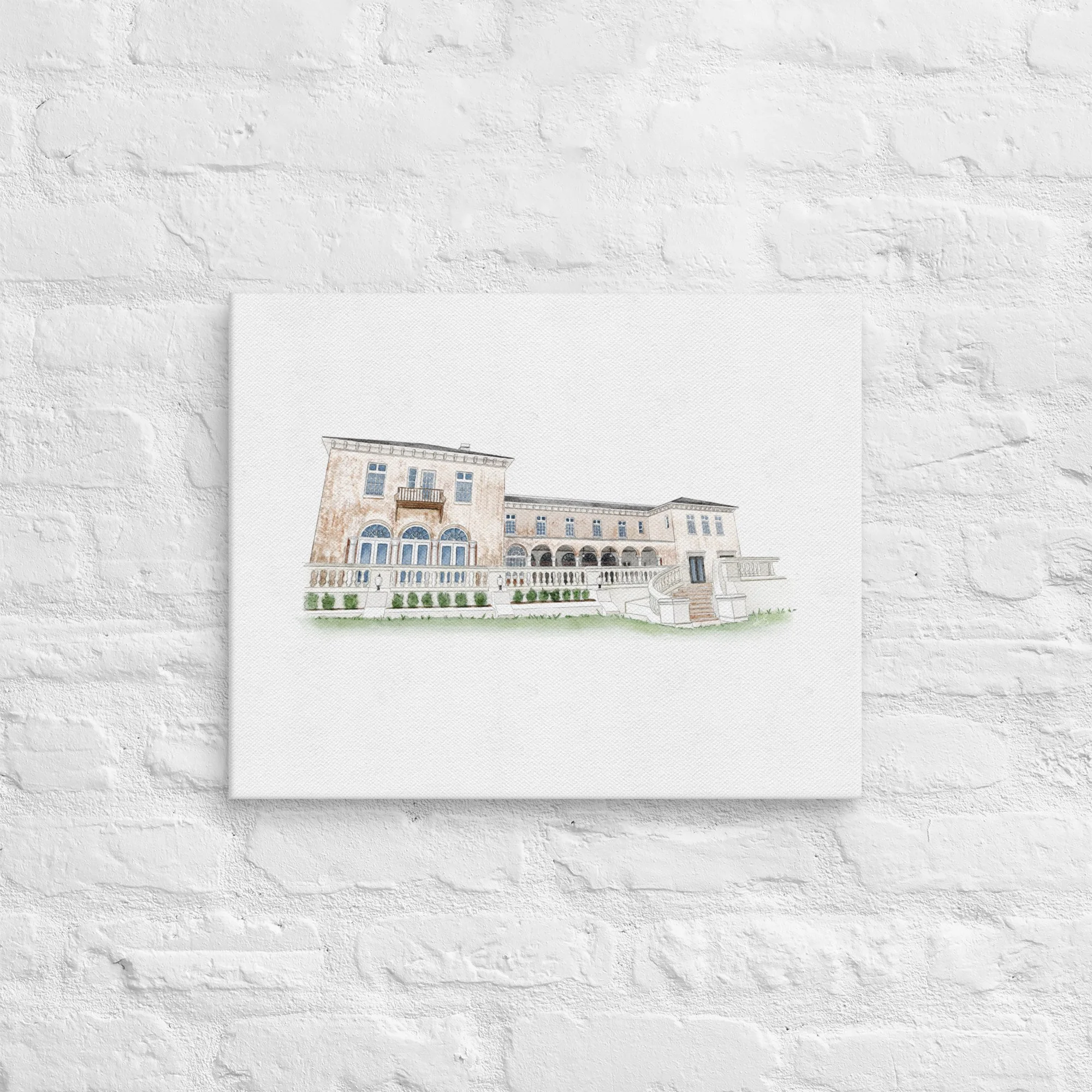 Illustration of a large, multi-story house with a staircase and balcony, set against a white brick wall.