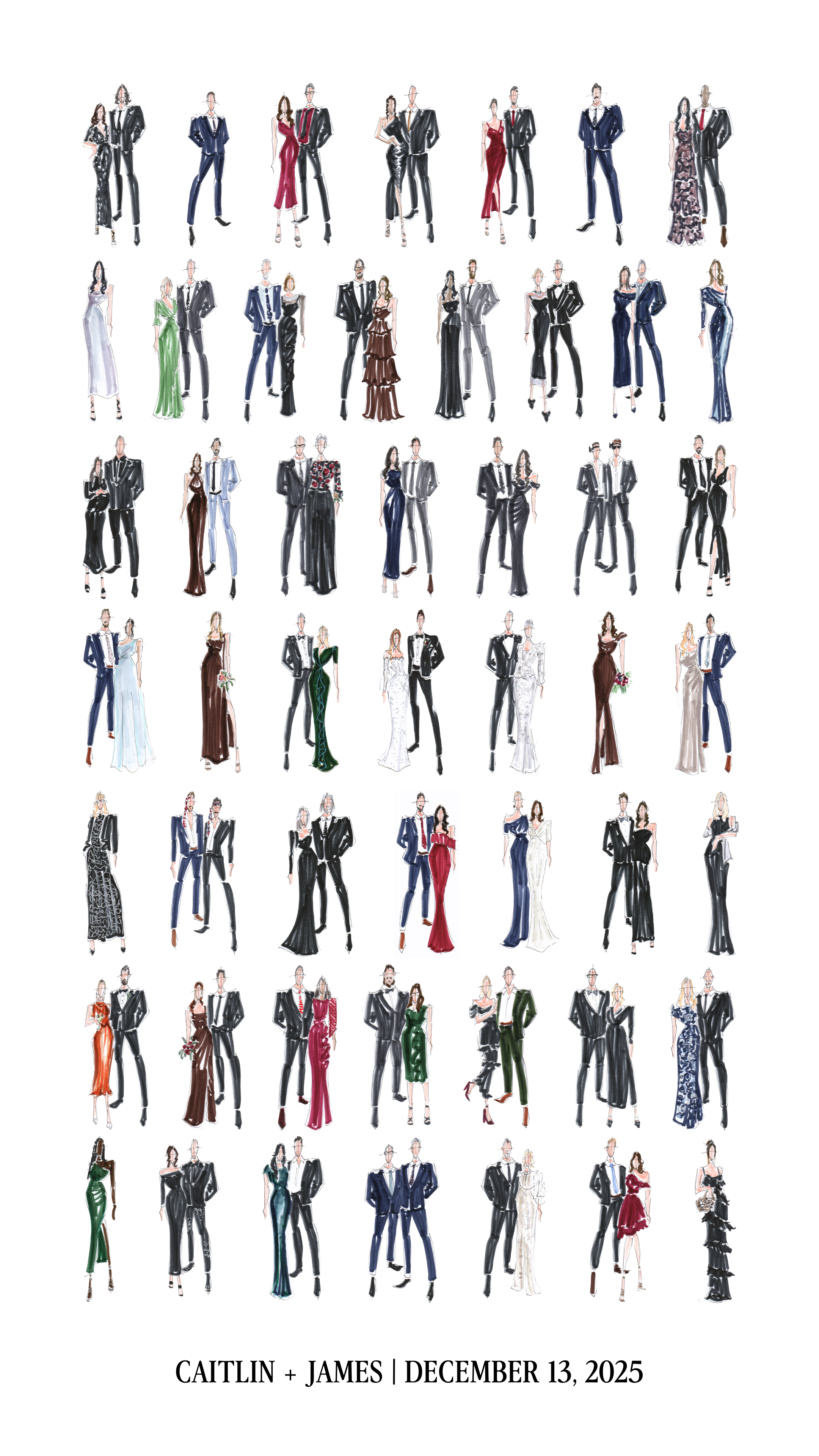 A digital illustration of multiple elegantly dressed couples, most in formal gowns and suits, arranged in a grid pattern, with the names Caitlin and James and the date December 13, 2025, at the bottom.