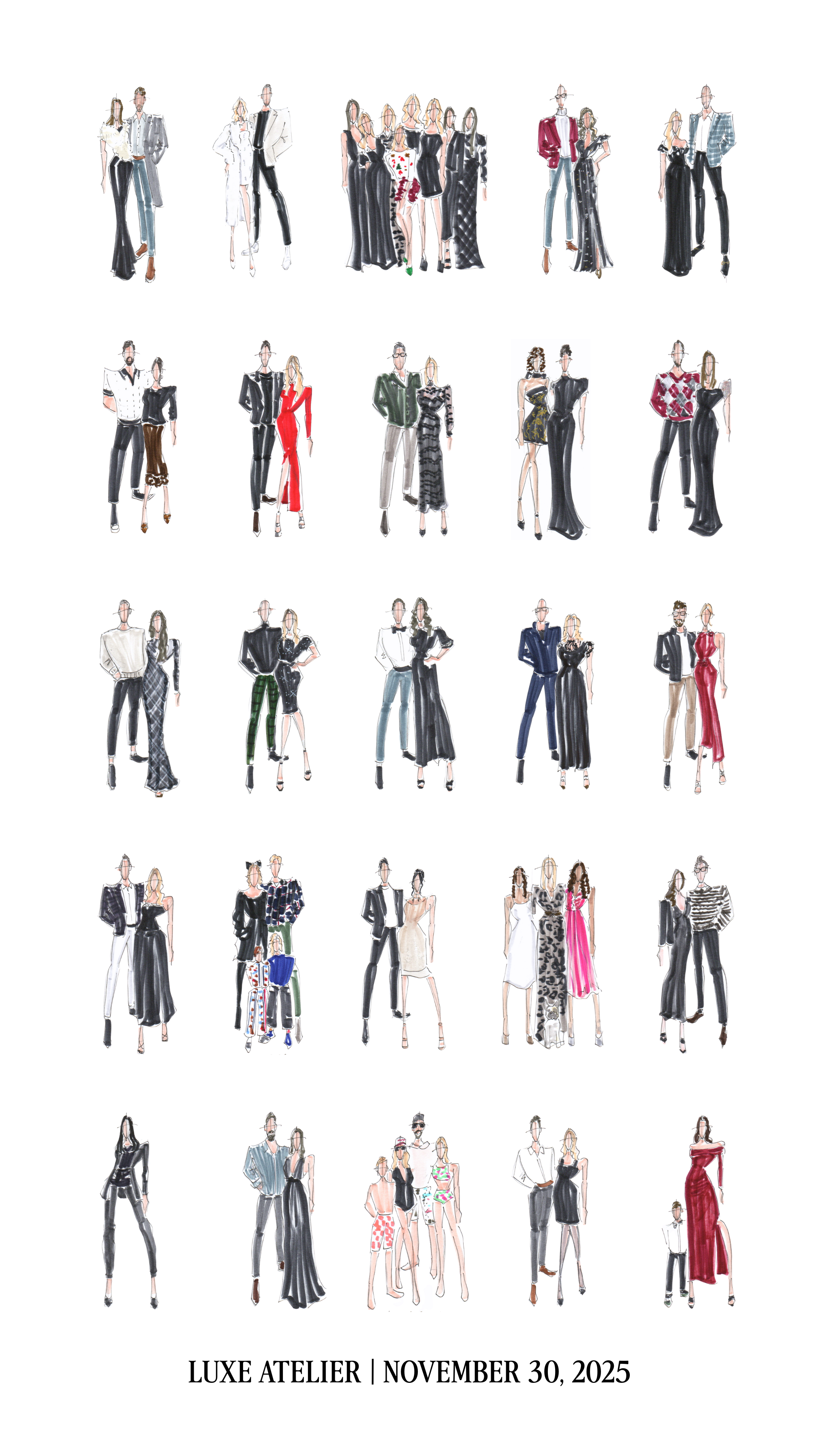Illustration of diverse fashion models in stylish outfits, arranged in a grid, promoting Luxe Atelier event on November 30, 2025.