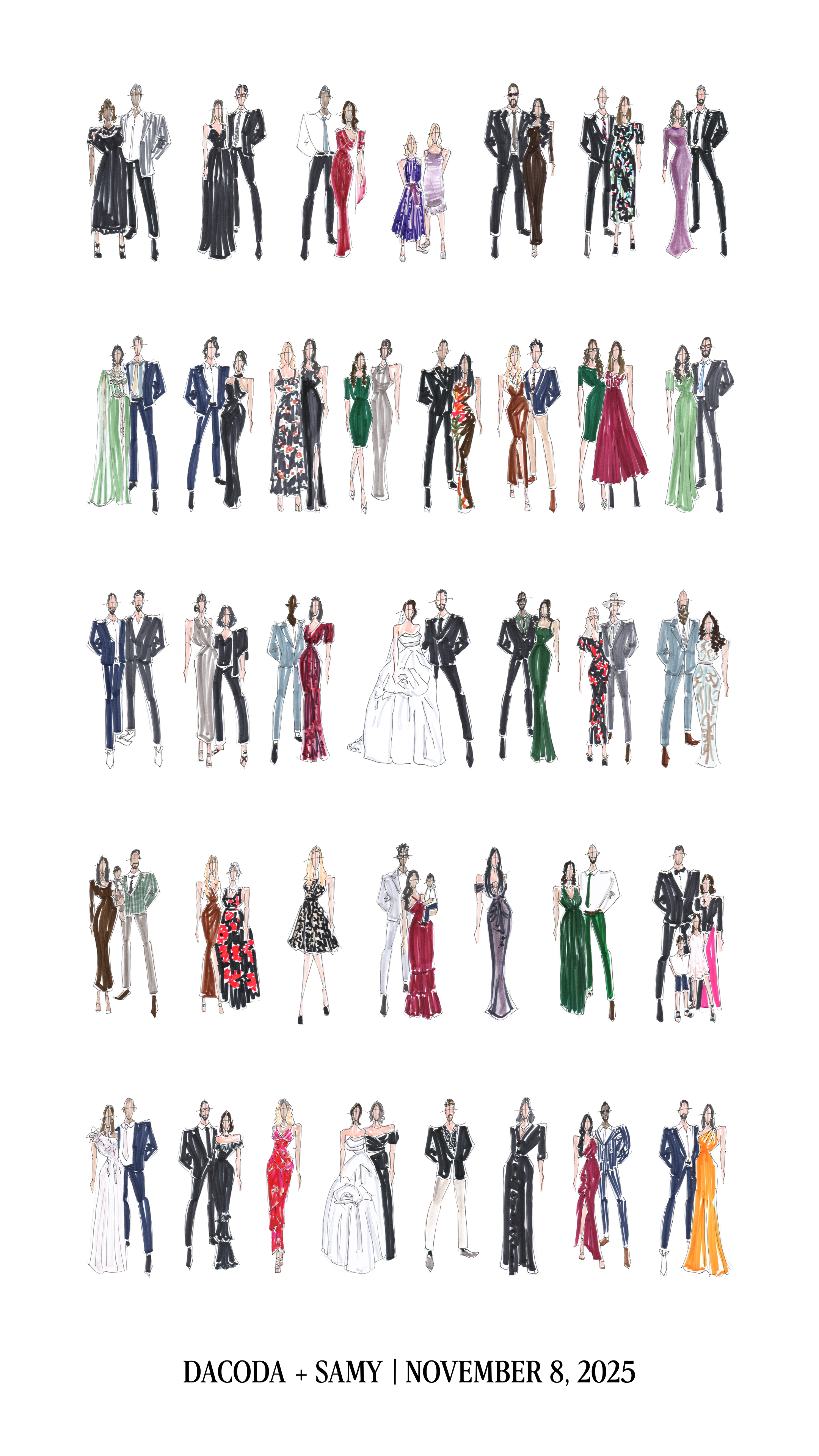 Collection of fashion sketches featuring men and women in elegant evening wear, organized in five rows with various dresses, suits, and accessories. Includes text at the bottom: "DACODA + SAMY | NOVEMBER 8, 2025."