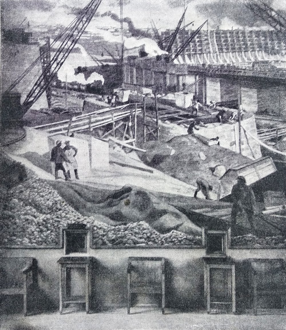  V. Volkov, "Collectivization" and "Industrialization" panels, Negoreloe railway station, 1934; "Mastatstva" almanac, No. 4, 1934 