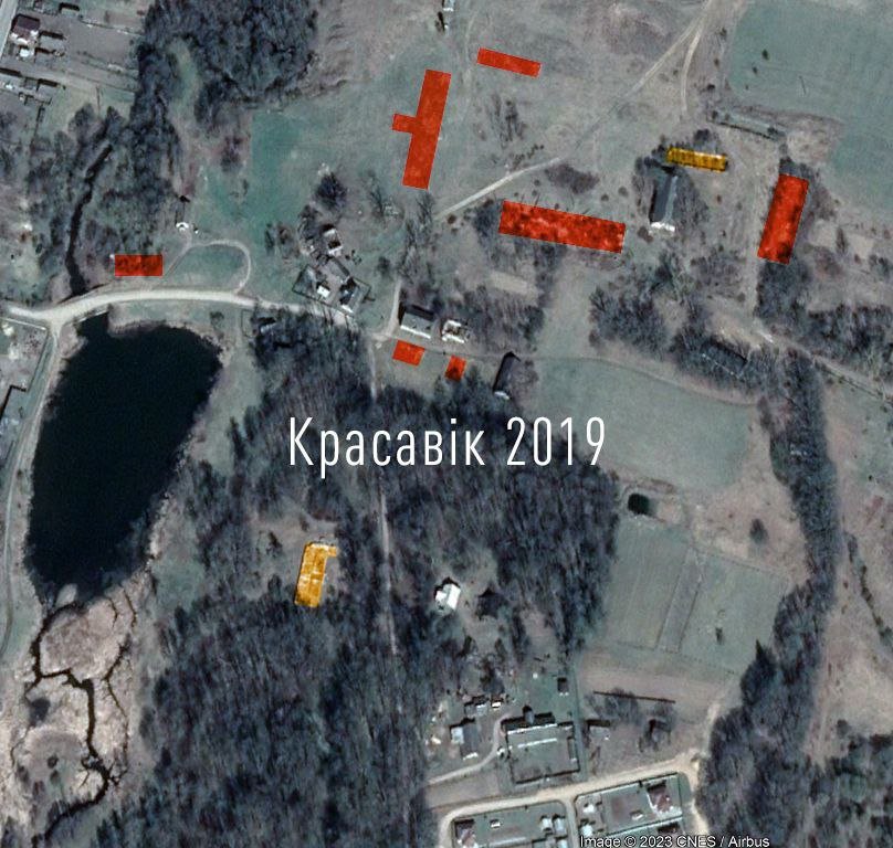  Destruction of historical buildings on the territory of the O'Rourke estate in Usieliub in between 2007 and 2019. In 2010, a protection zone project was developed, which prohibited the demolition of manor buildings, but this did not impact the proce