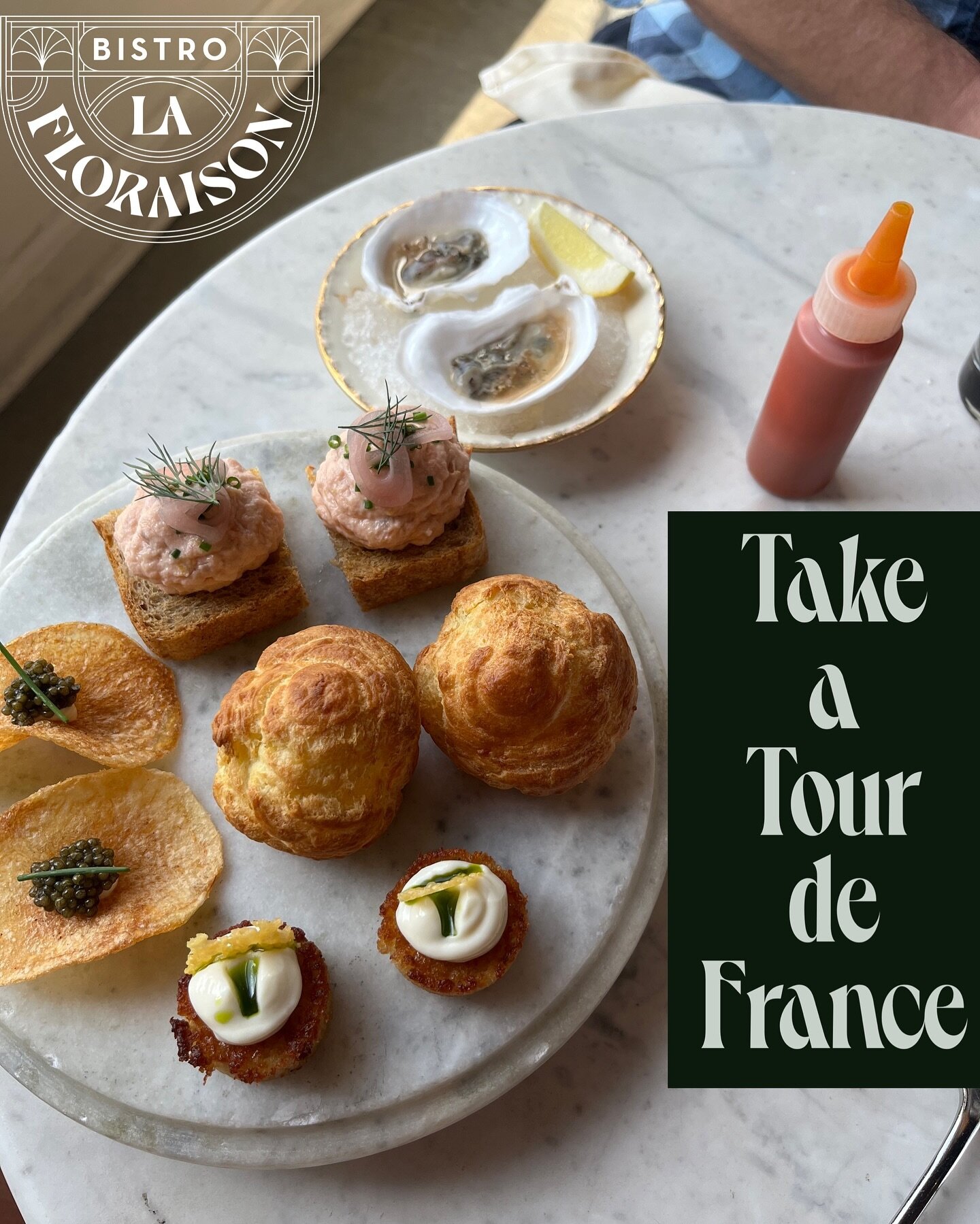 Whether you join us for happy hour, dinner or Sunday brunch, the Tour de France is the perfect way to start. #justsayoui 

#frenchcuisine #gougeres #financiers #caviar #oysters #smokedtrout