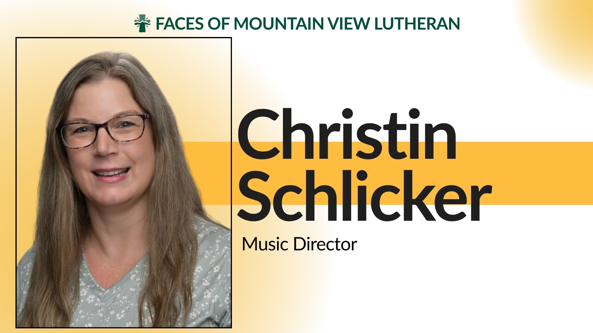 Meet Christin Schlicker, our Music Director, Music Teacher, and the heart behind so much of the music ministry at Mountain View!

Christin serves in so many different ways across our church and school, helping lead our congregation in worship, teachi
