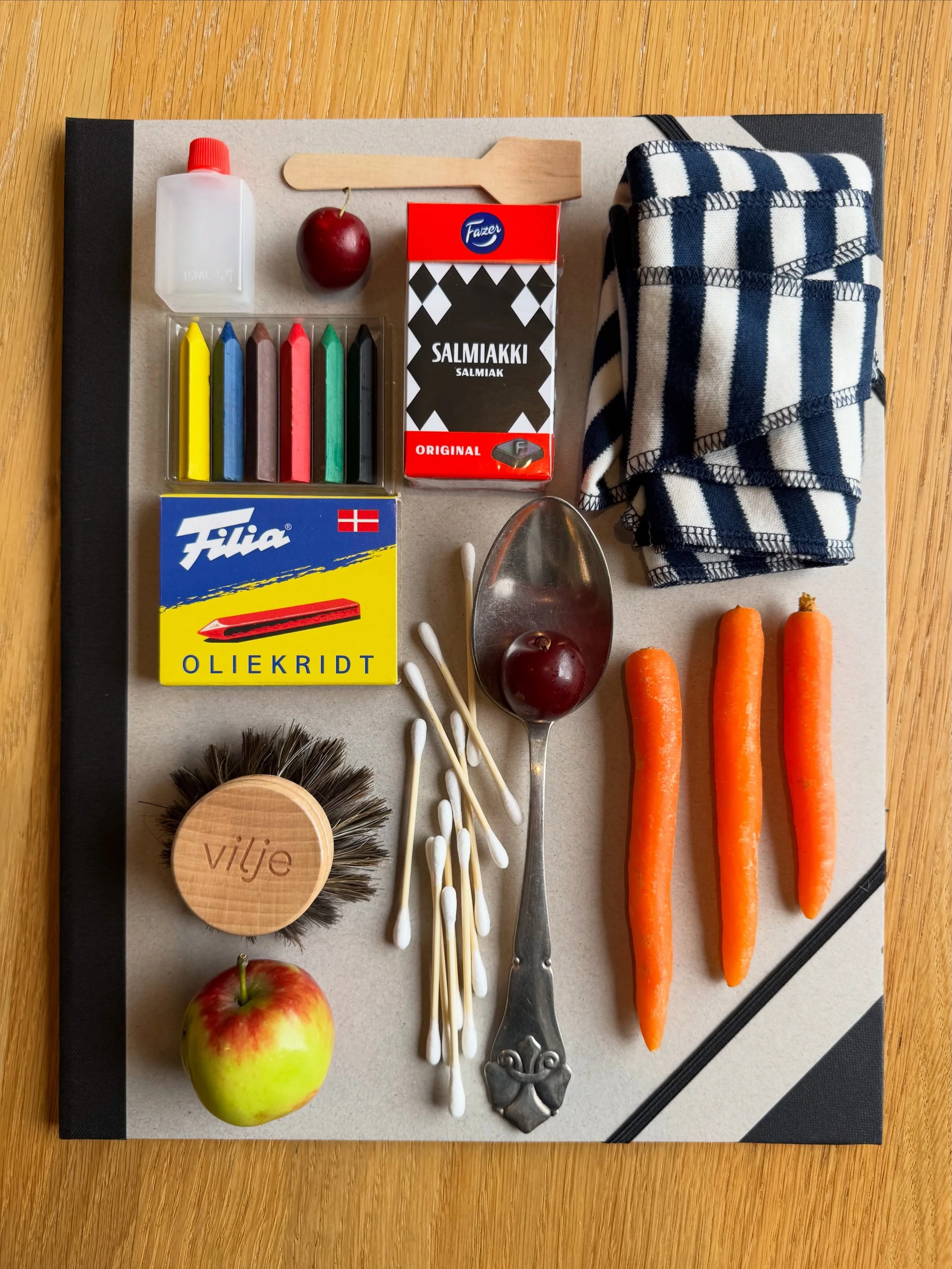 A small sampling of my acquisitions in Denmark and Norway, including a striped scarf made from  @madsnorgaard shirt scraps, pair of vintage serving spoons (that might be French), wooden Q-tips (from a large box that exploded in my suitcase), and $2 r