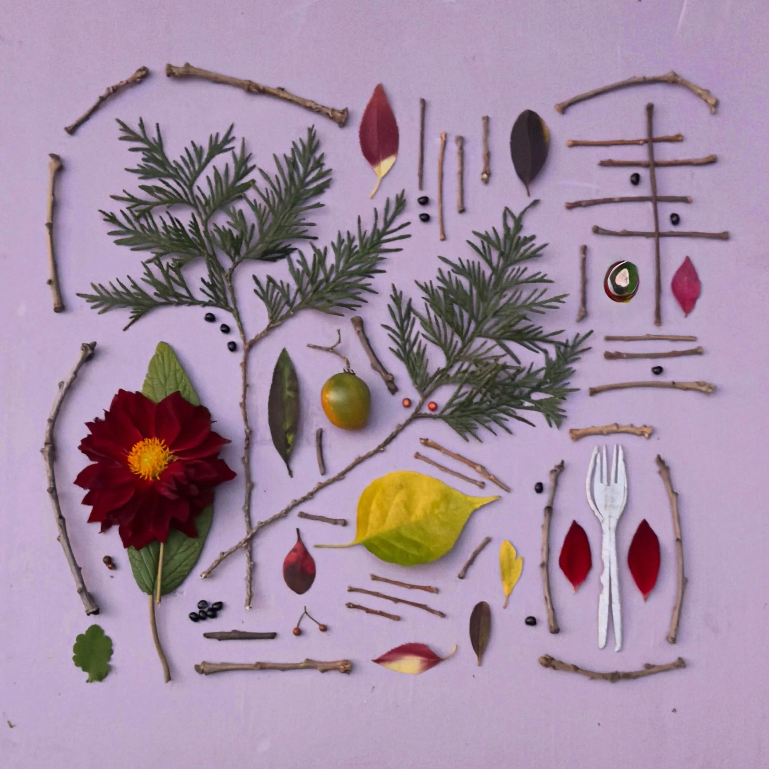 A run-over fork, a dahlia I fished out of our kitchen compost, a forgotten green tomato, fallen twigs, and other castoffs on a pink square of insulation found in a stranger&rsquo;s trash. #dogwalkdiarynyc #scavenger #botanicalcollage #artandnature #n