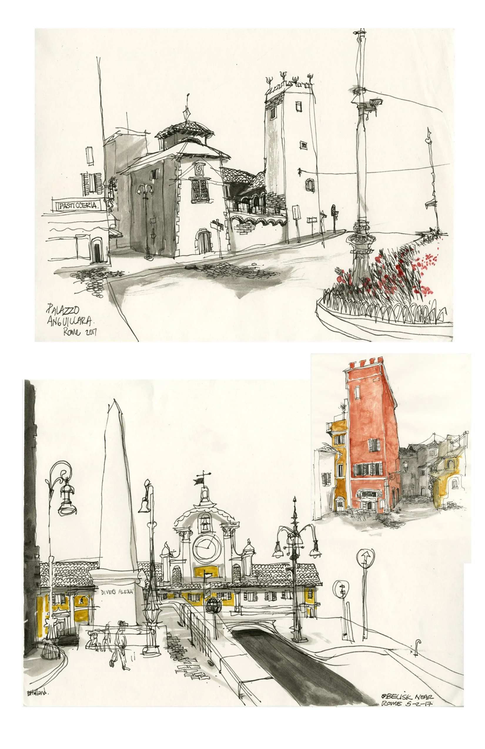 Travel Sketches, Ink, Watercolor