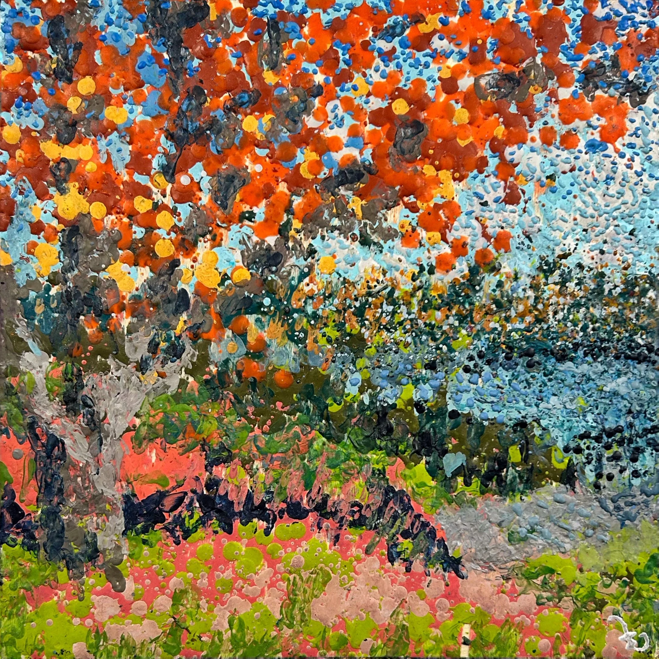 Les terrains de Tennis du par Bosco à L'automne - Encaustique sur bois - 12 po x12 po