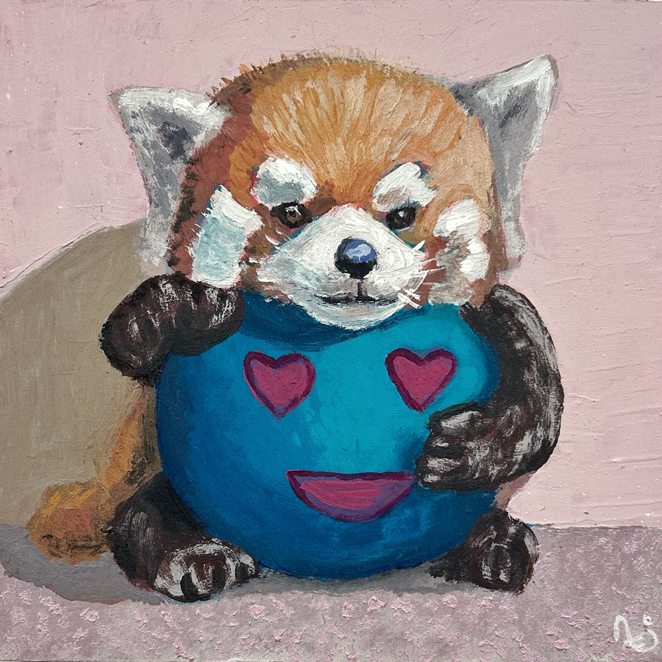 Acrylique sur bois, 12 po x 12 po : « Câlin ».
Je ne sais pas pour vous, mais moi, j’ai des journées où j’aurais juste besoin qu’on me serre un peu fort. Pas pour me sauver… juste pour me ramener à moi-même.
Ce petit panda rouge, je l’ai peint un soi