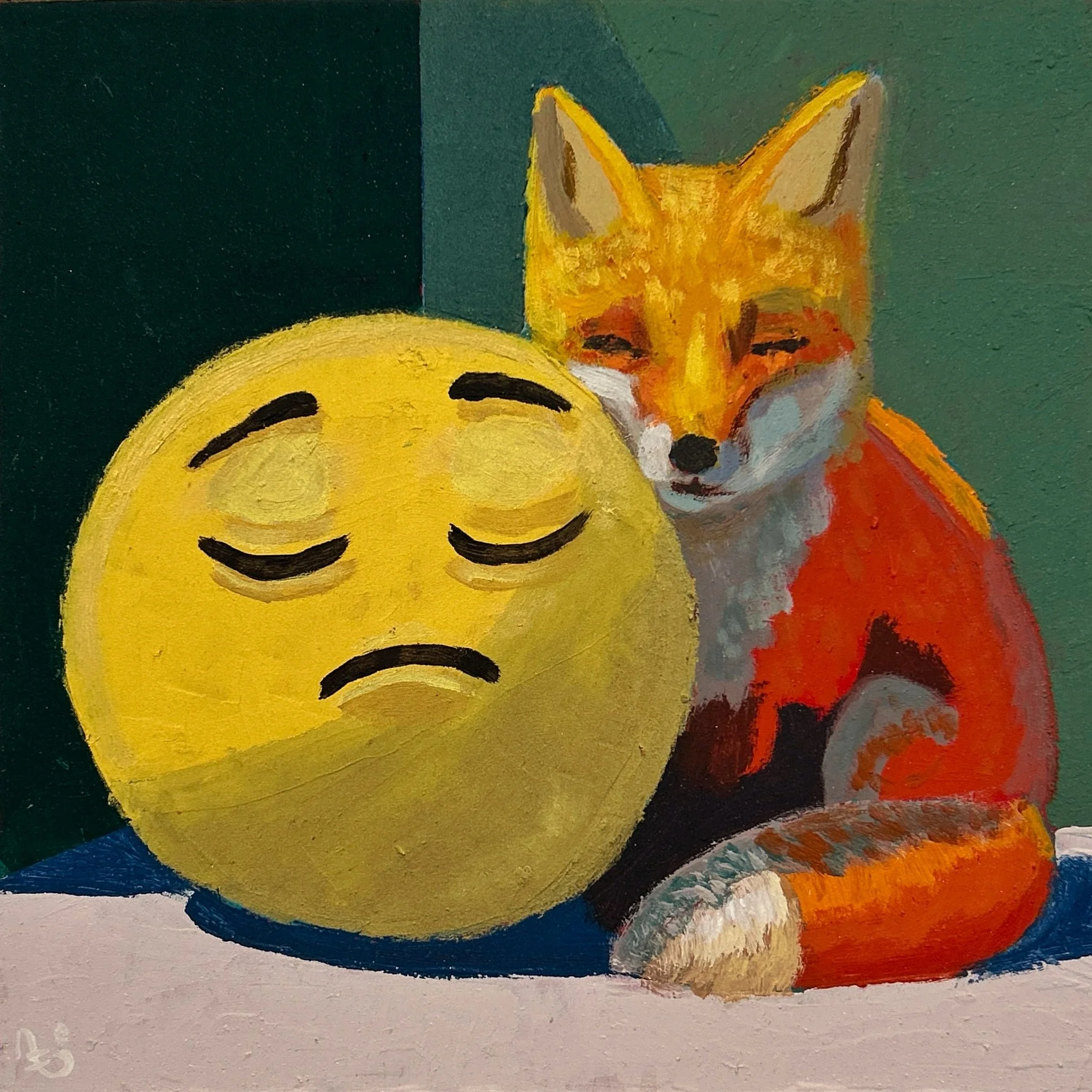 Acrylique sur bois, 12 po x 12 po : « Sérénité »
Il y a des moments où je peins juste pour respirer.
Ce renard-là, endormi contre son petit emoji 😌, est né d’un de ces soirs où j’avais besoin que tout se calme — dehors, dedans, partout.
Je cherchais