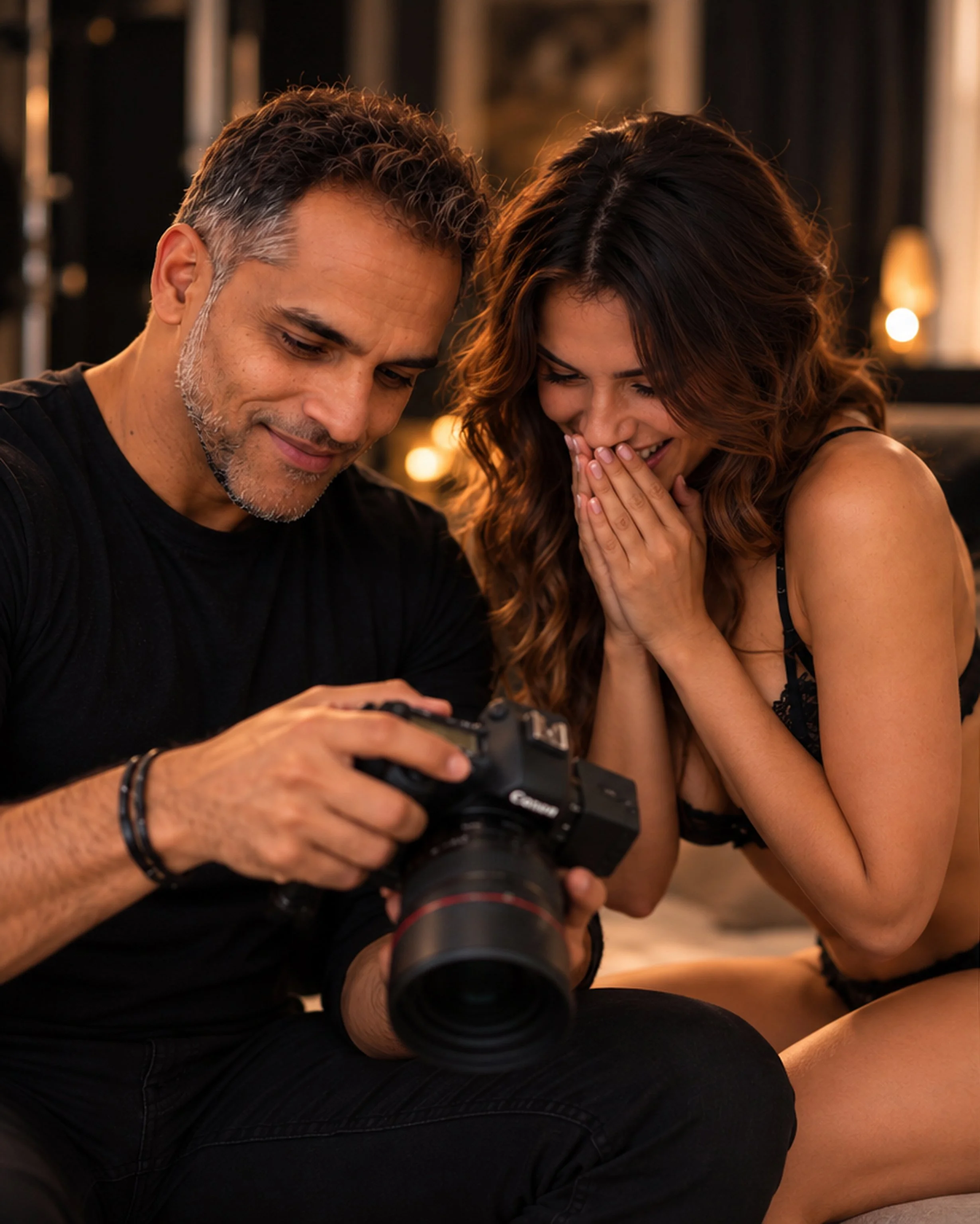 Asif showing a client her photos on the back of the camera during a Boudoir Studio New York session