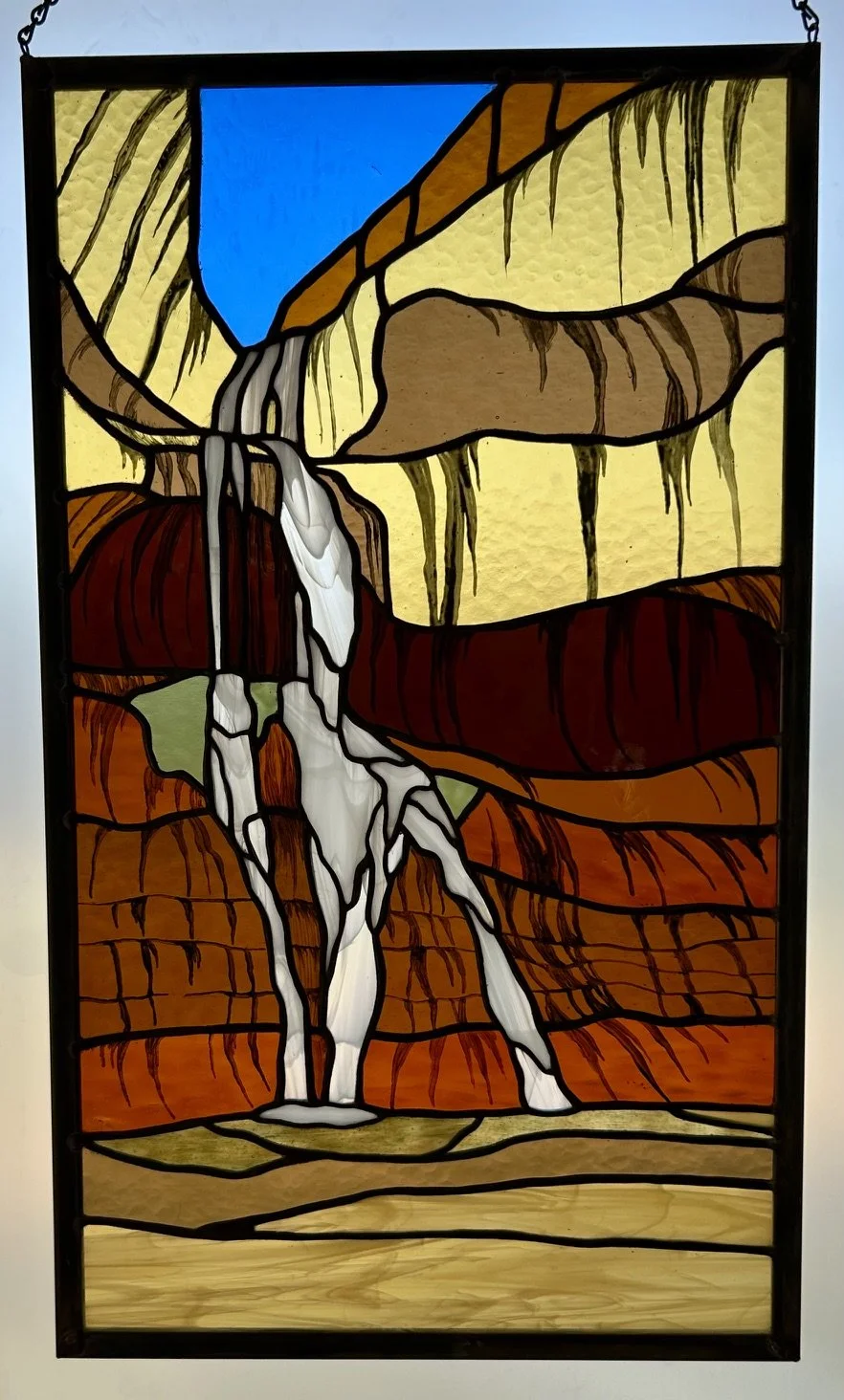 Lower Calf Creek Falls  painted and copper foiled glass 13" x 22"