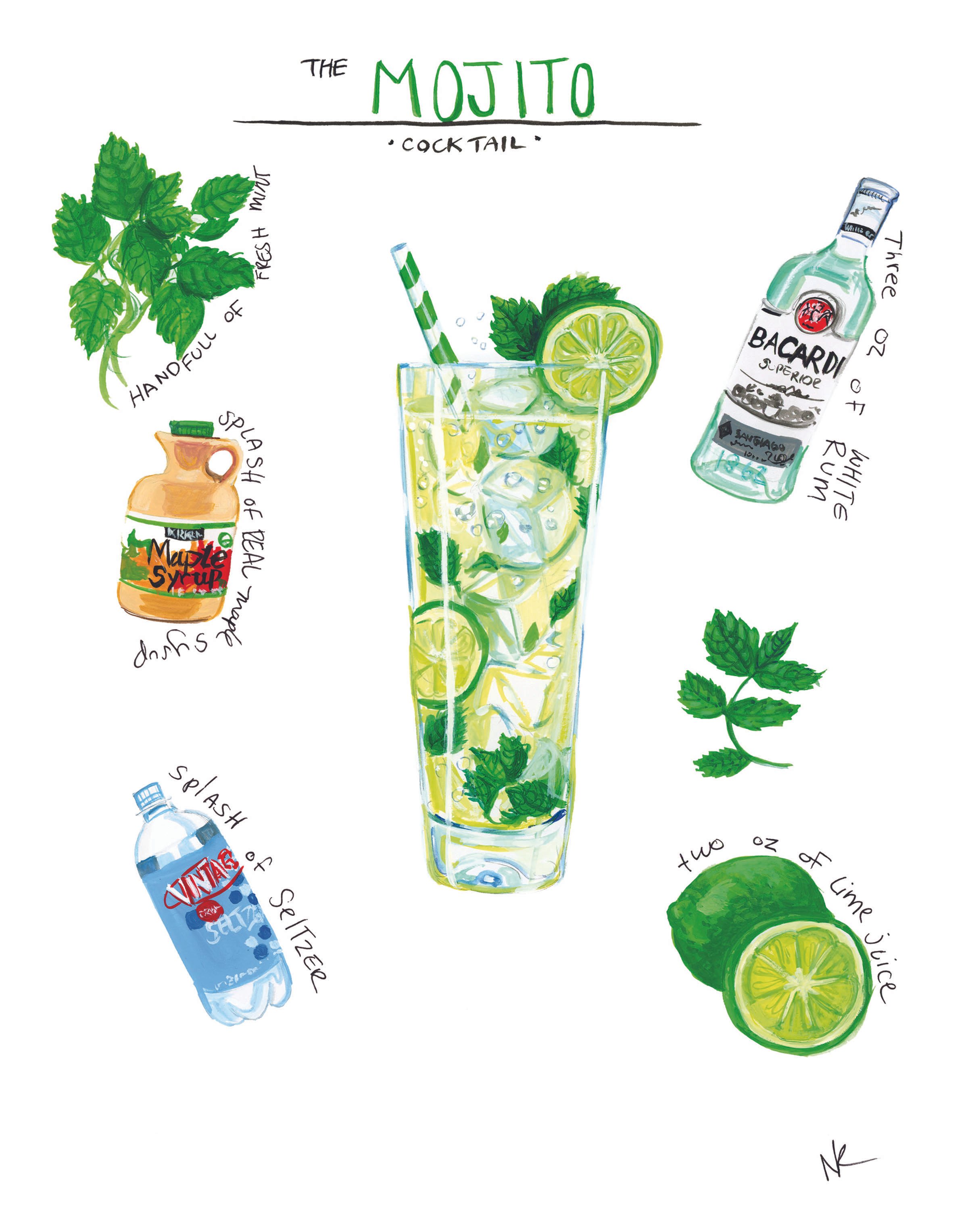 Mojito Cocktail Illustrated Recipe Print