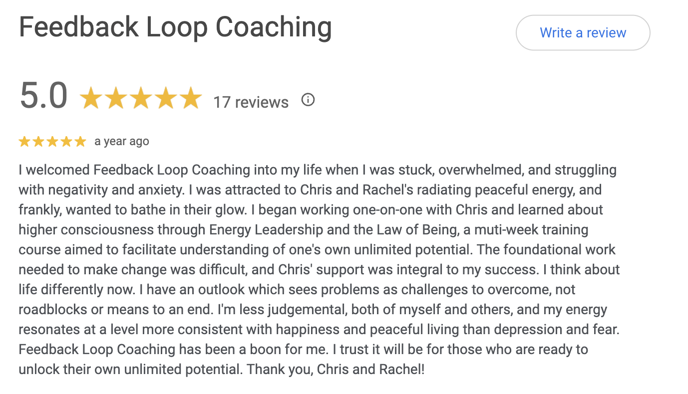 Screenshot of a Google review for Feedback Loop Coaching showing a five-star rating, 17 reviews, and a written testimonial praising the coaching services and personal growth achieved.