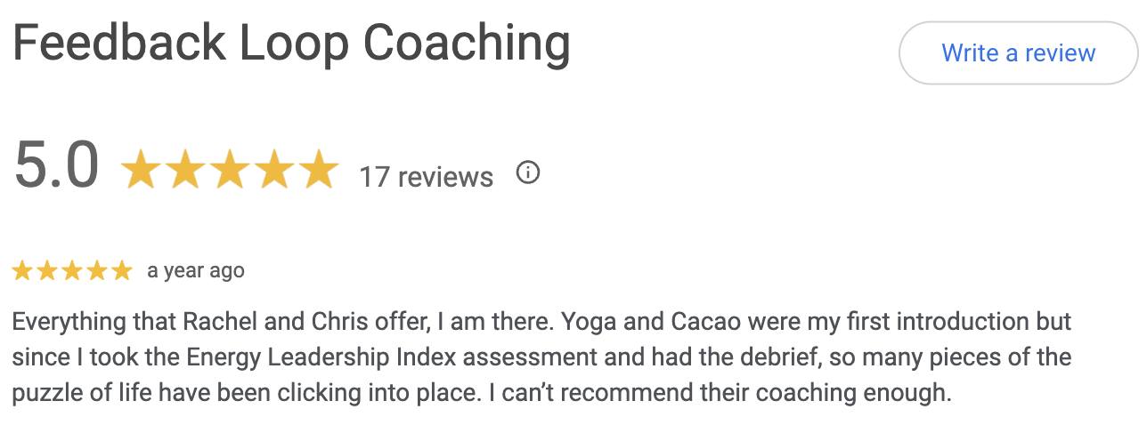Screenshot of a Google review for Feedback Loop Coaching showing a 5.0-star rating based on 17 reviews, with a review mentioning positive experiences with coaching and assessments.