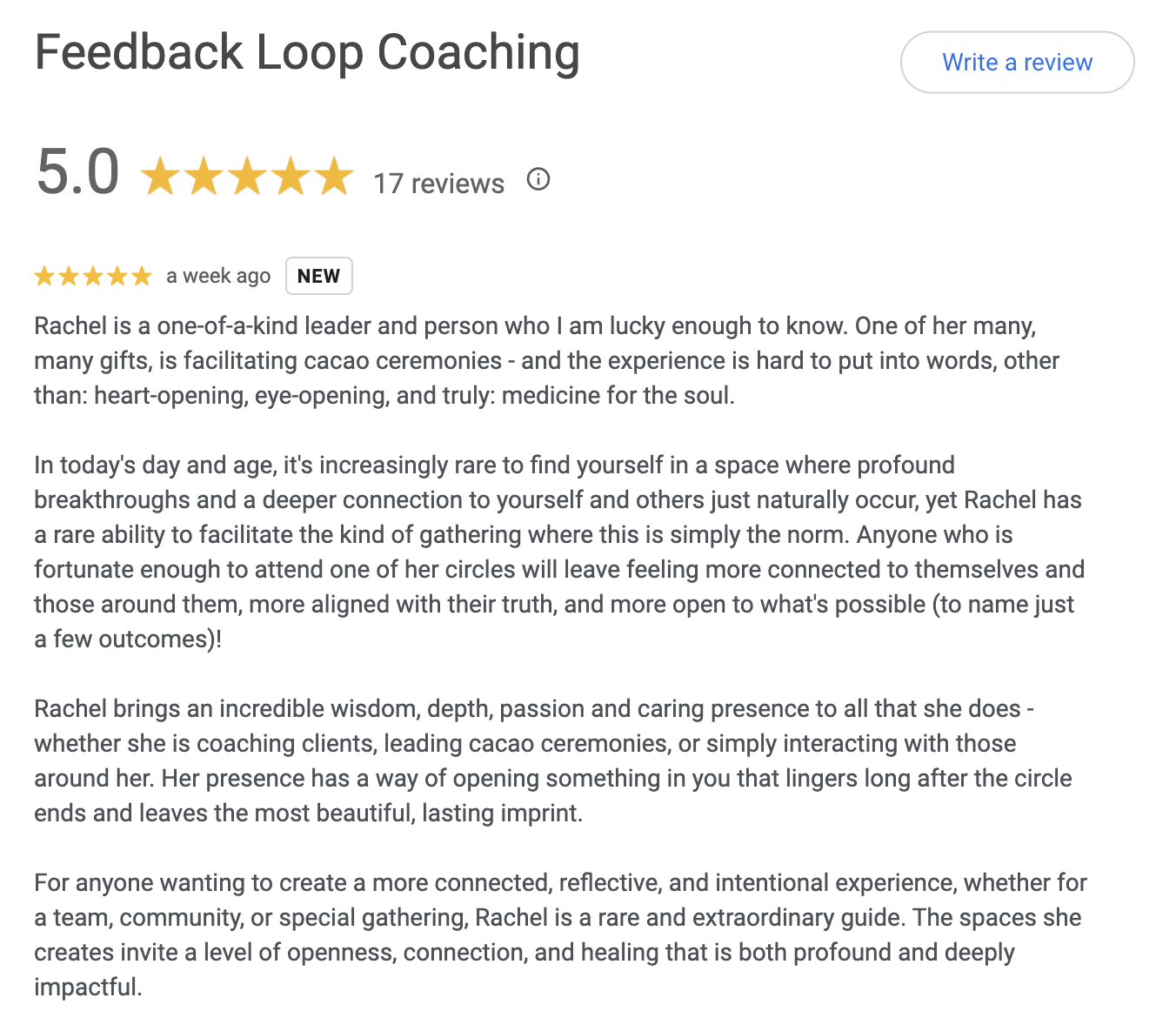 Screenshot of a webpage promoting Feedback Loop Coaching, featuring a 5-star rating from 17 reviews, with a review praising Rachel for her leadership and ability to facilitate meaningful connections, and emphasizing her wisdom, depth, and caring presence.