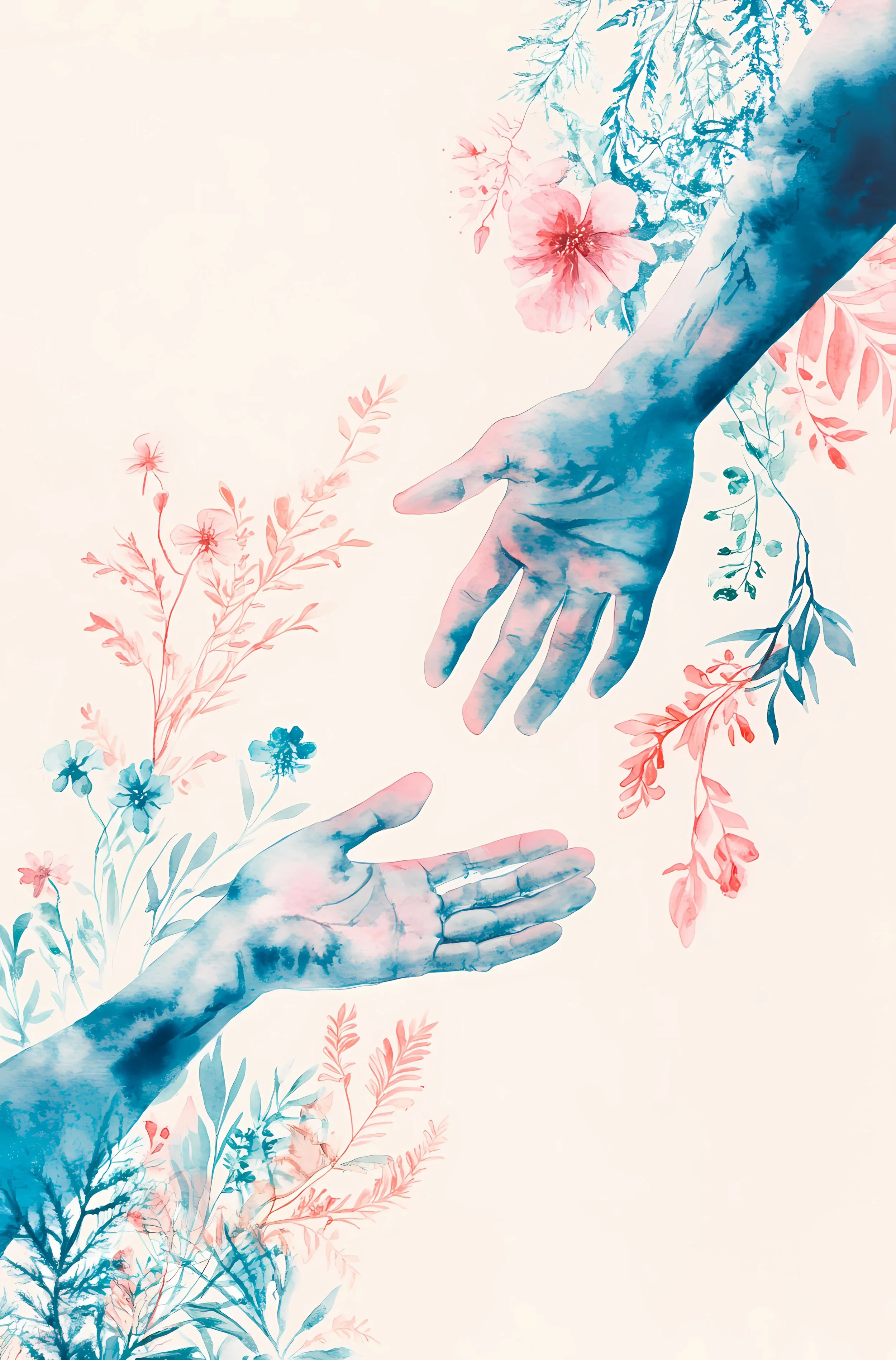 Digital illustration of two hands reaching towards each other surrounded by pink and blue floral elements.