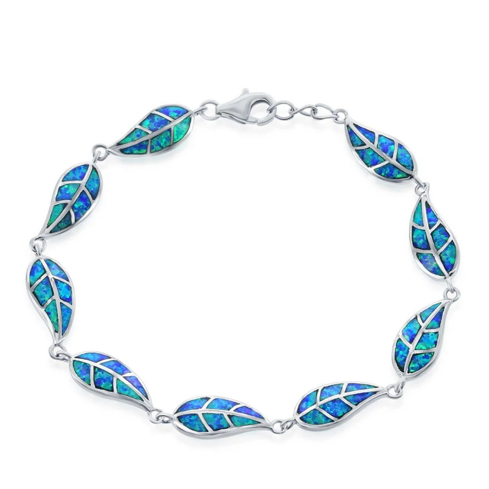 Sterling Silver, Blue Inlay Opal Linked Leaves Bracelet