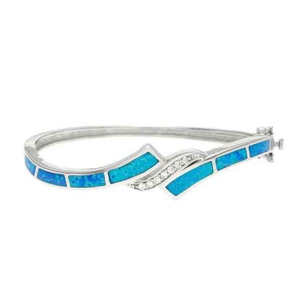 Sterling Silver, CZ And Blue Inlay Opal Bangle