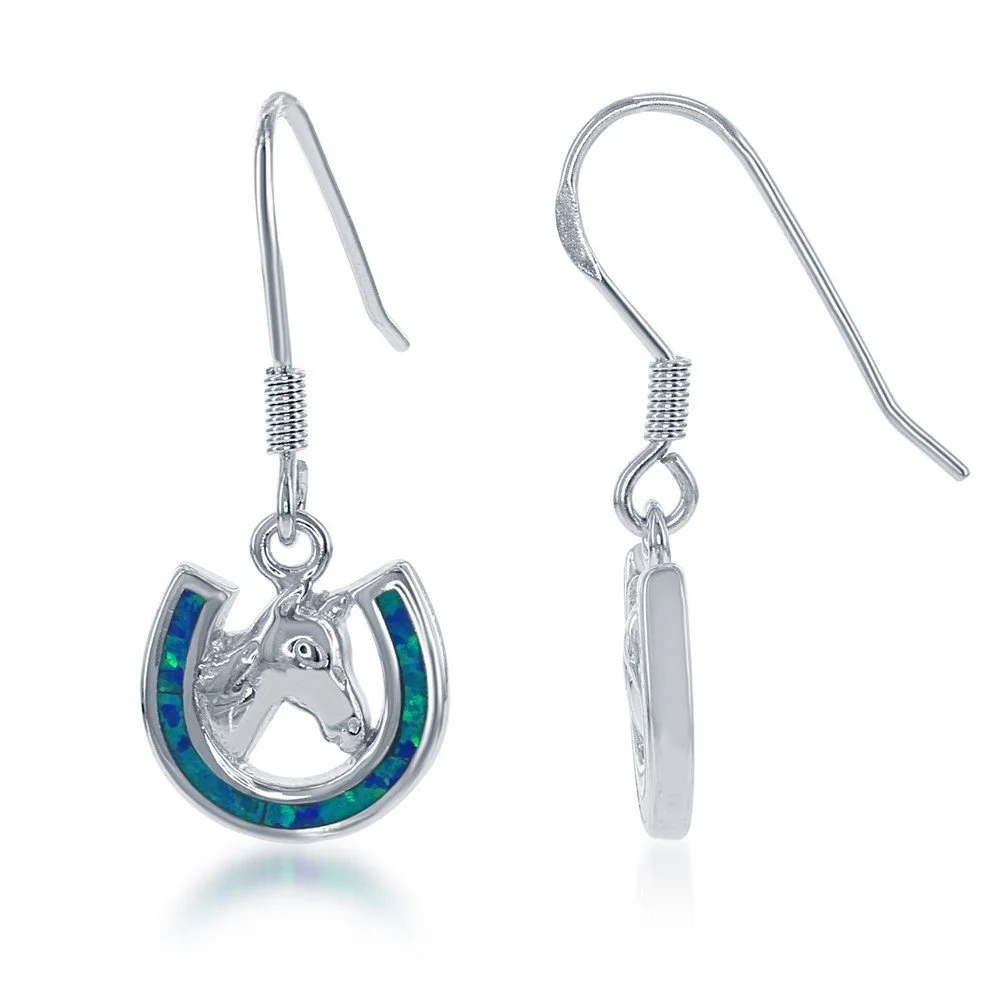 Sterling Silver, Blue Inlay Opal Horseshoe with Center Horse Earrings