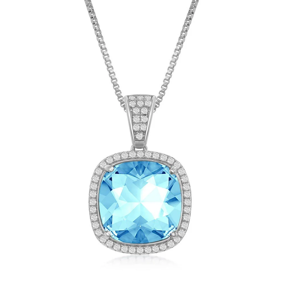 Sterling Silver, CZ and 12mm Cushion Square Aqua Swarovski Element Pendant