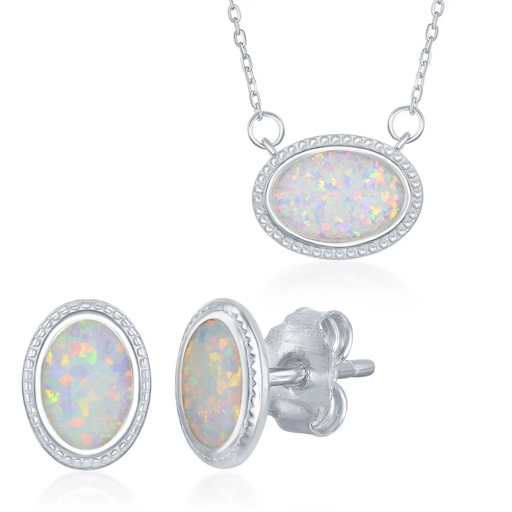 Sterling Silver, White Inlay Opal Studded Border Oval Necklace & Earrings Set