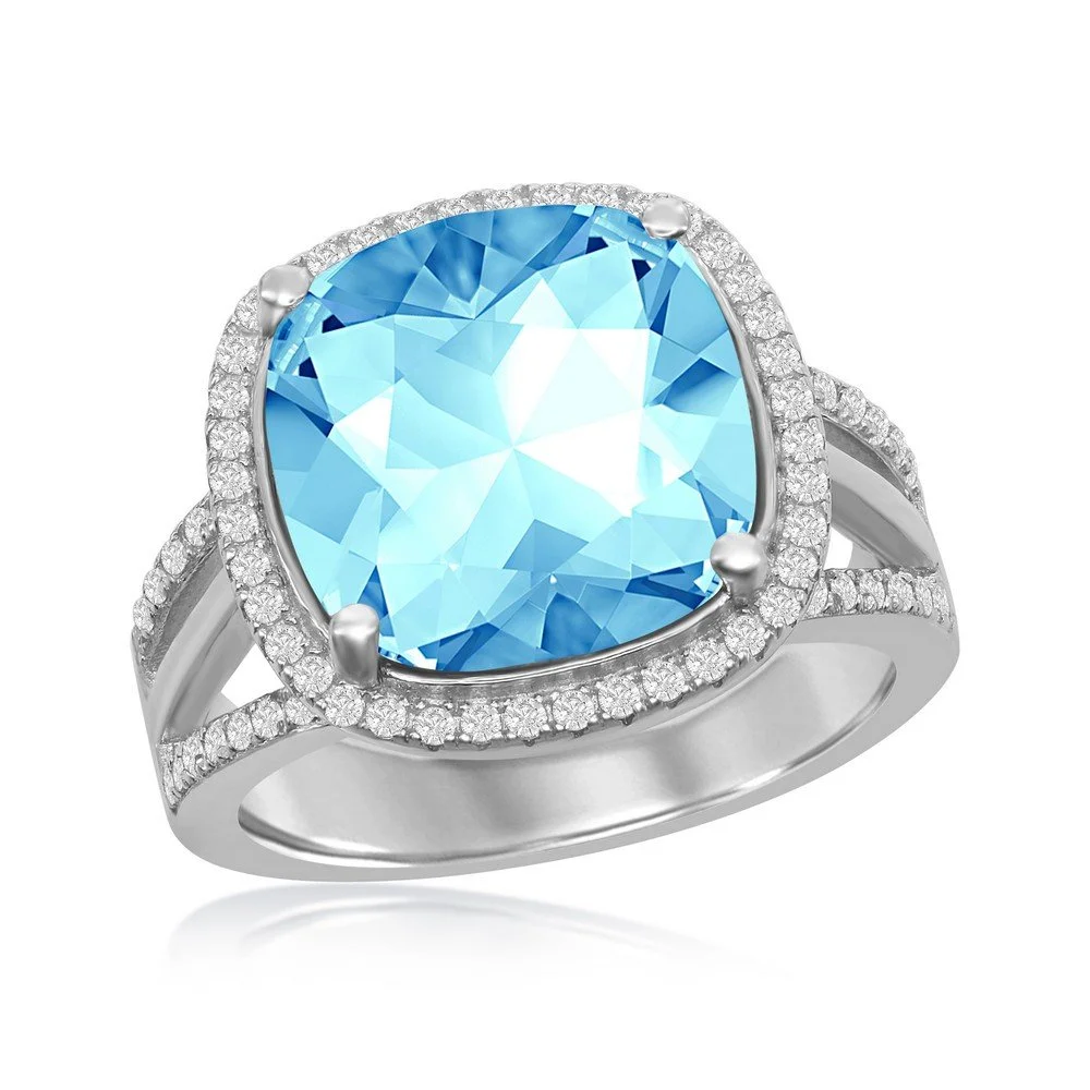 Sterling Silver CZ & 12mm Cushion Square Aqua Swarovski Element Ring