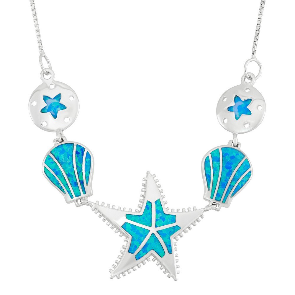 Sterling Silver Blue Inlay Opal Multiple Star and Shell Sea Charms Necklace