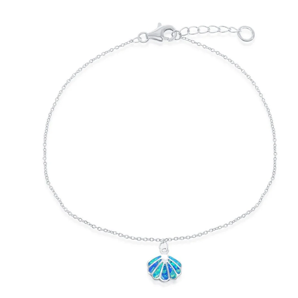 Sterling Silver, Blue Inlay Opal Sea Shell Anklet