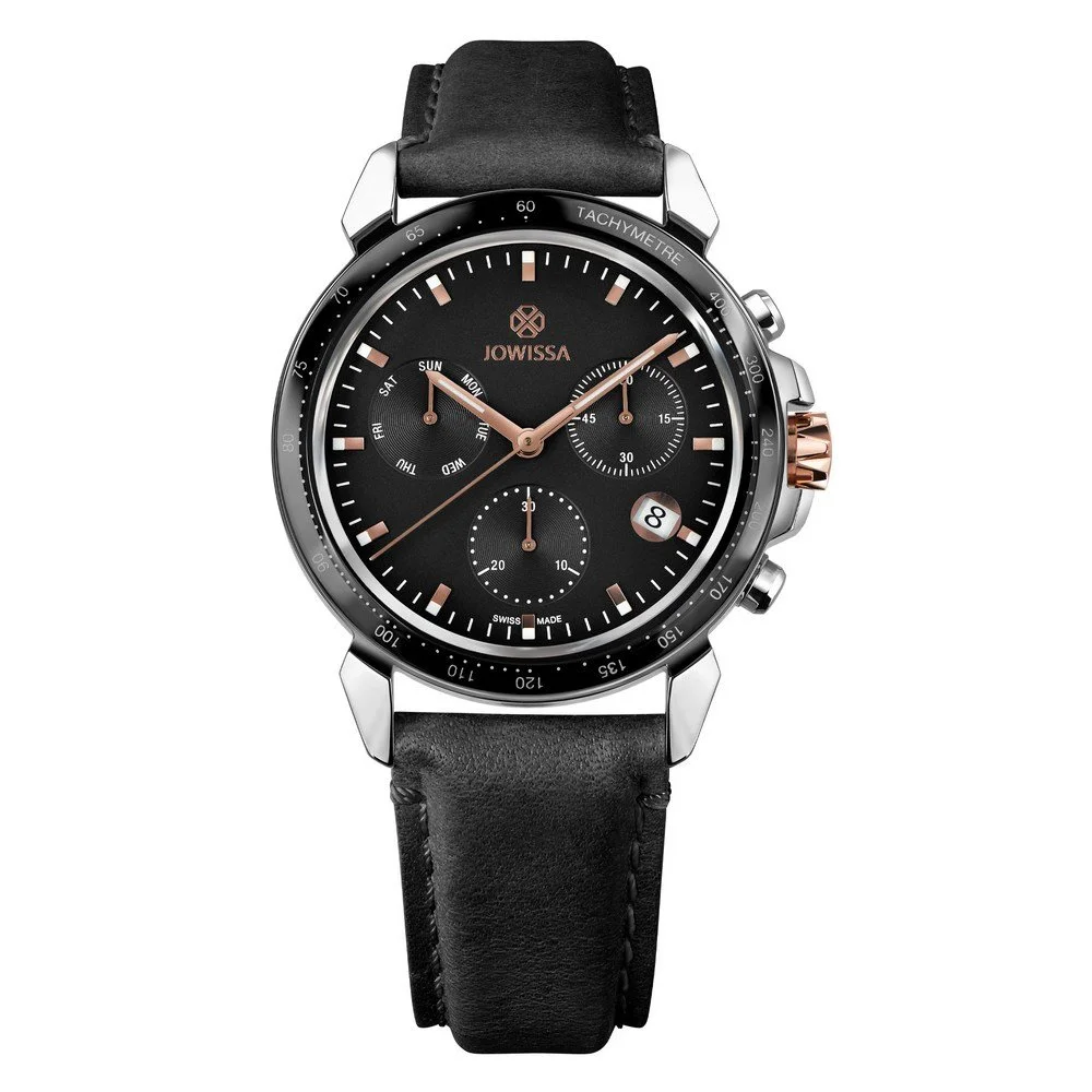 Jowissa LEWY9, Men's Swiss Quartz Chronopgraph Watch, 22mm Band - Black & Rose Dial
