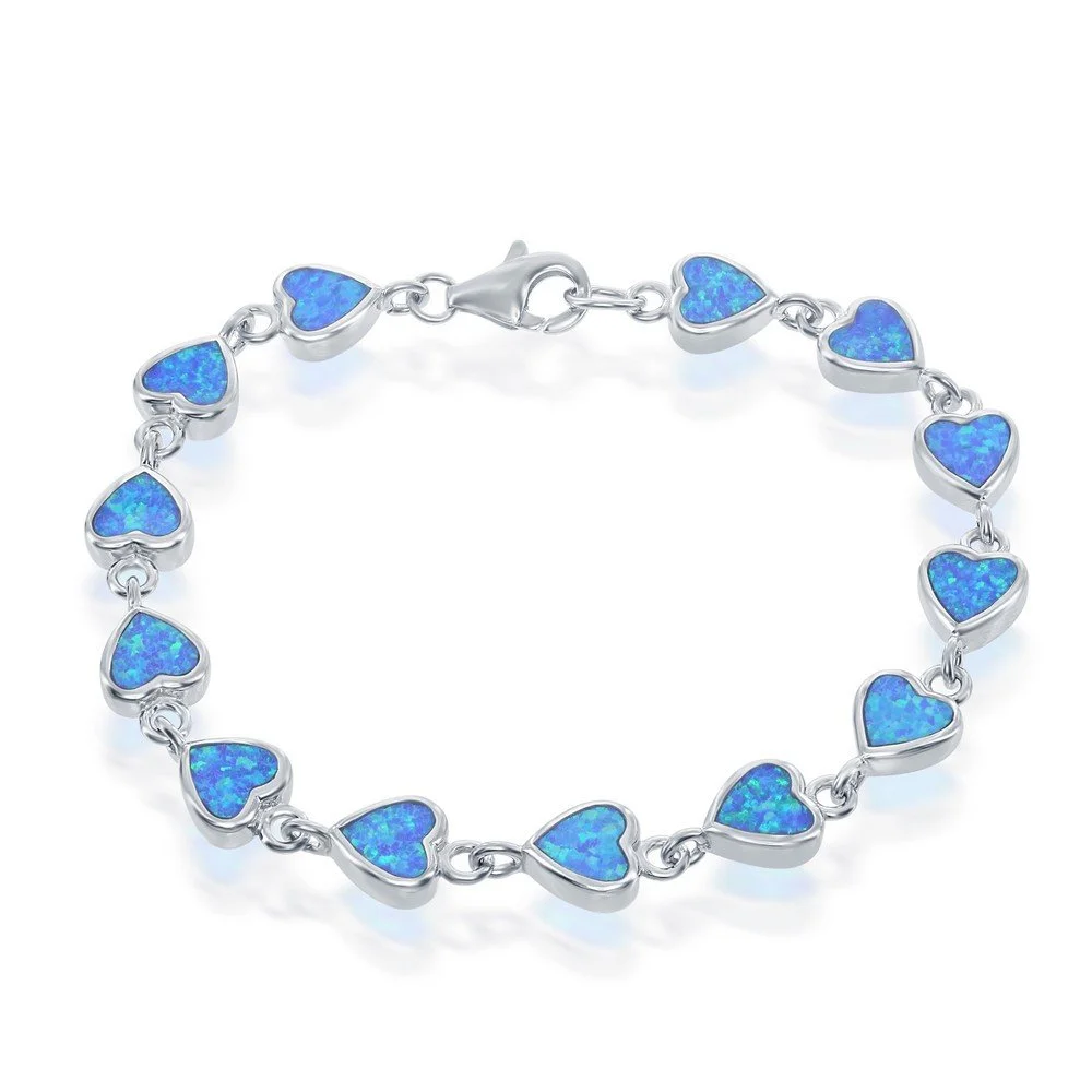 Sterling Silver, Small Blue Inlay Opal Hearts Link Bracelet