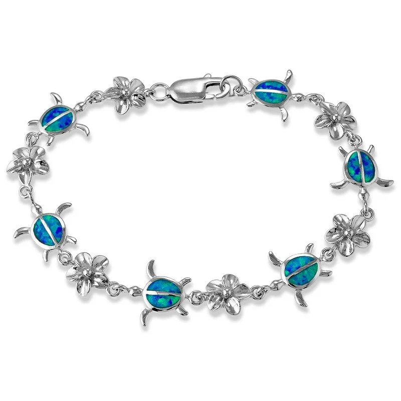 Sterling Silver Blue Inlay Opal Alternating Flower and Tortoise Link Bracelet