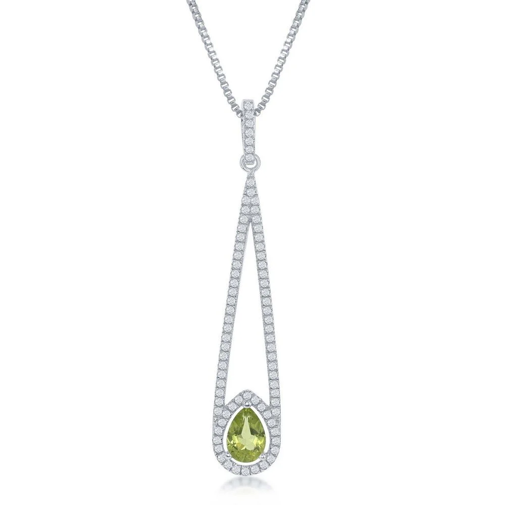 Sterling Silver Long Open 0.14ctw White Topaz and 0.13ctw Peridot Teardrop Pendant
