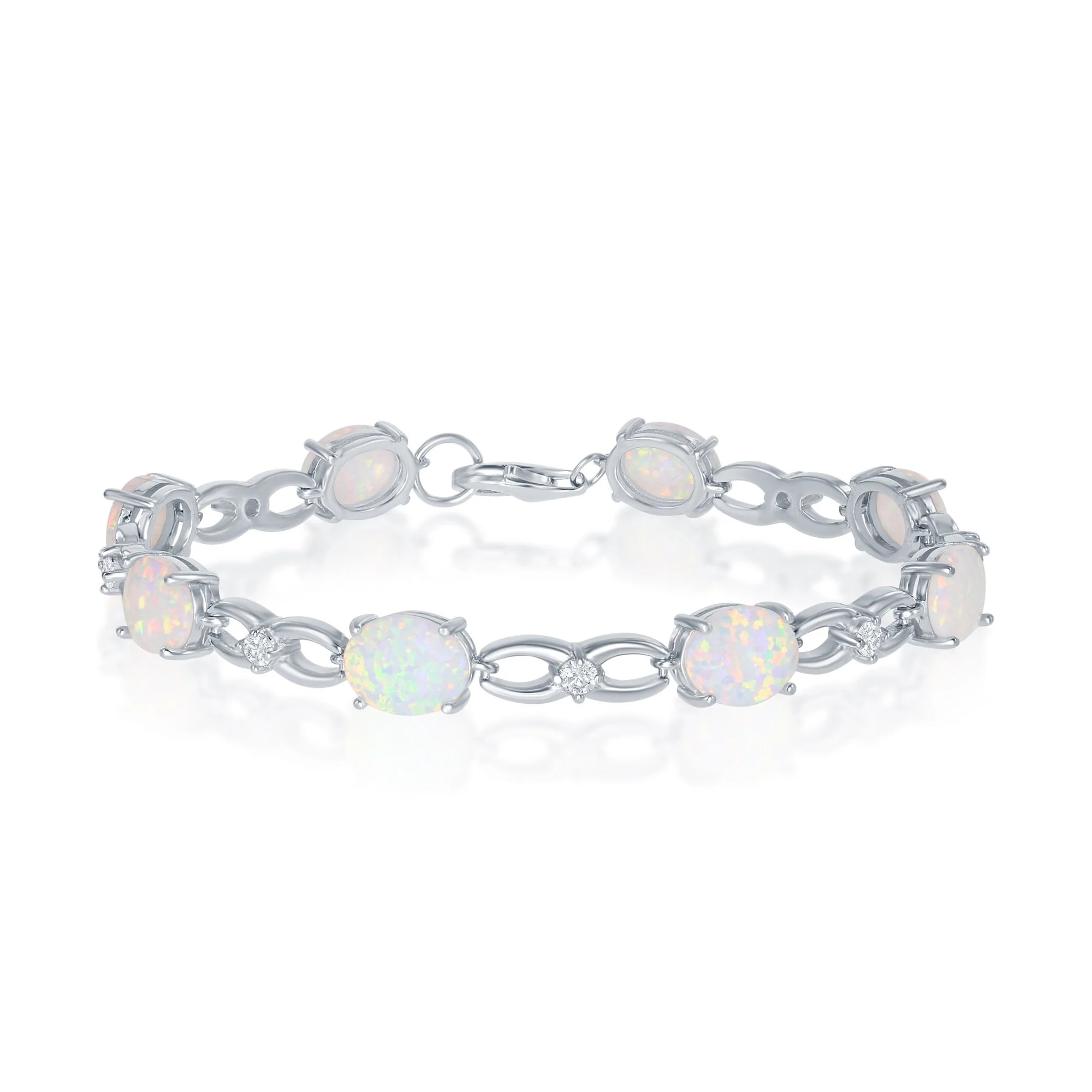 Sterling Silver, Alternating Infinity White Opal & CZ Bracelet