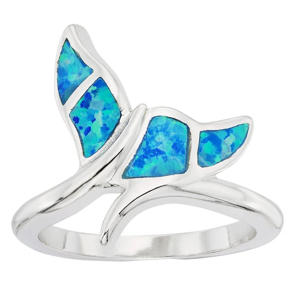 Sterling Silver Blue Inlay Opal Whale Tail Ring