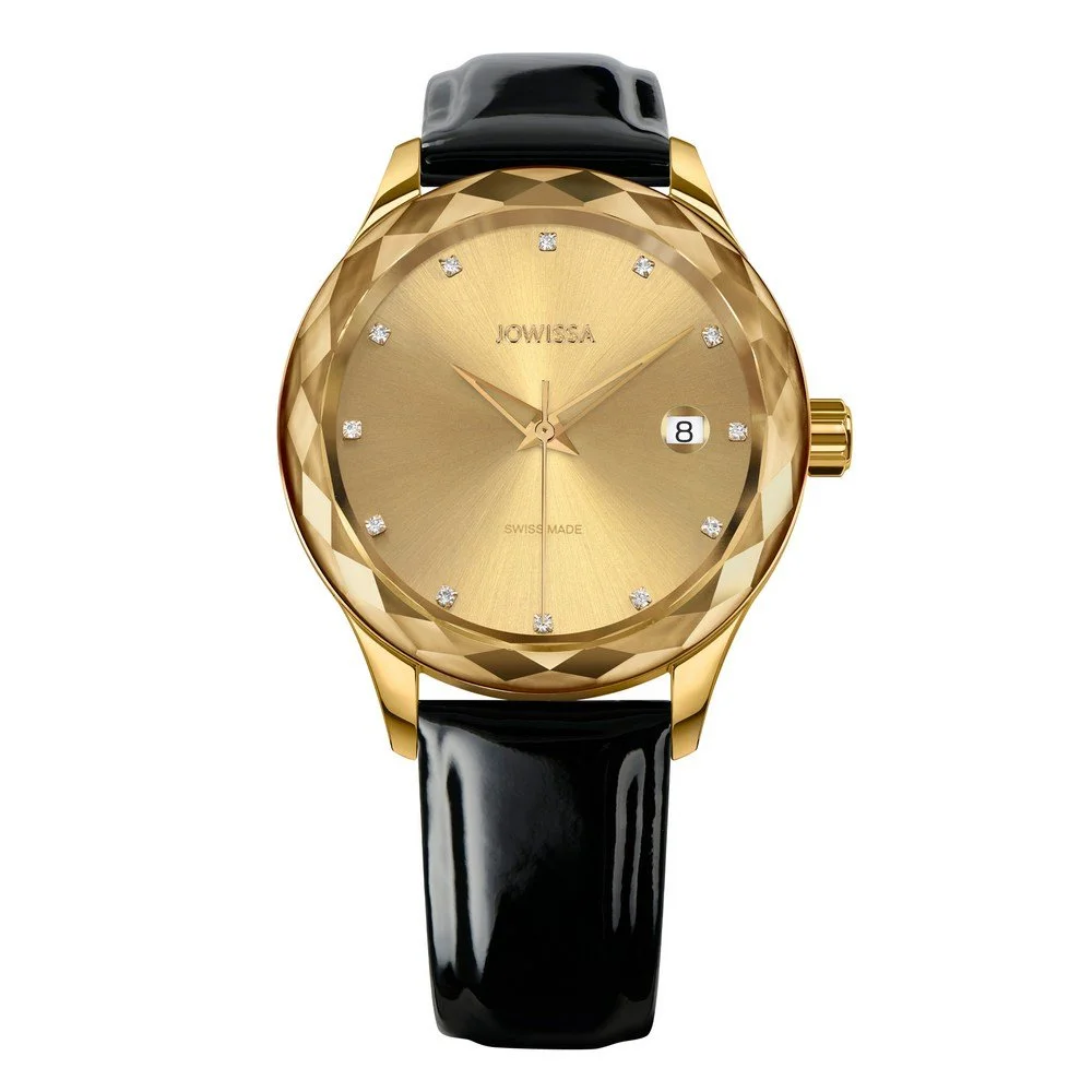 Jowissa TIRO, Women's Brilliant-Cut, Swiss Quartz Watch, 15mm Black Band - Gold Dial