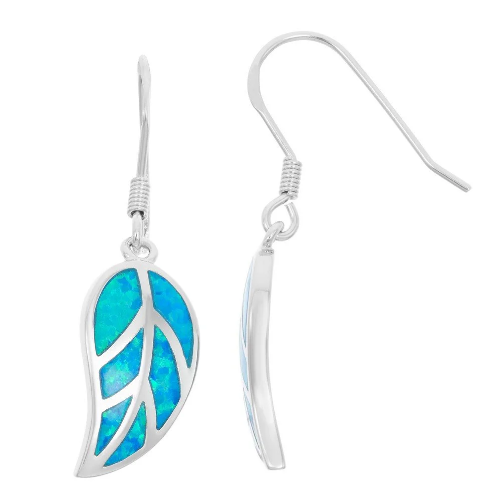 Sterling Silver, Blue Inlay Opal Leaf Earrings