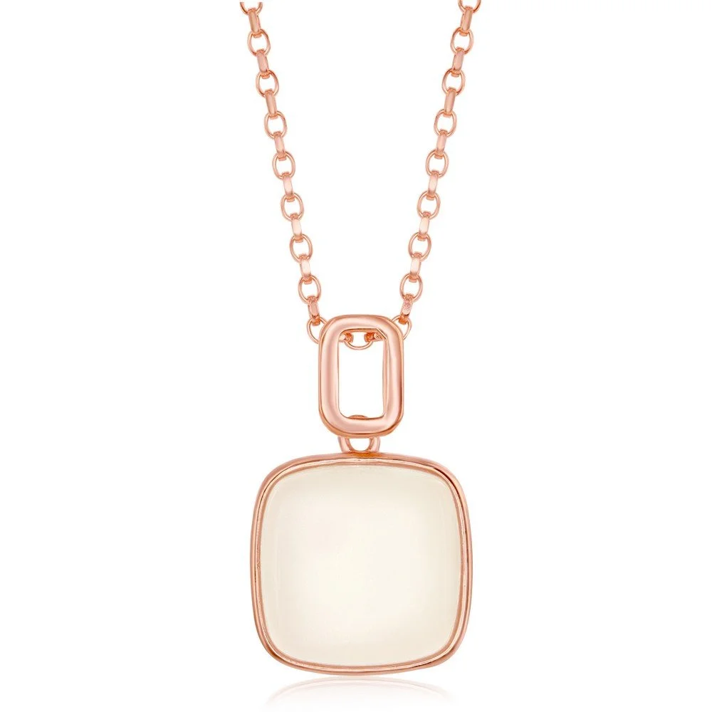 Sterling Silver Natural White Moon Stone Square Pendant - Rose Gold Plated