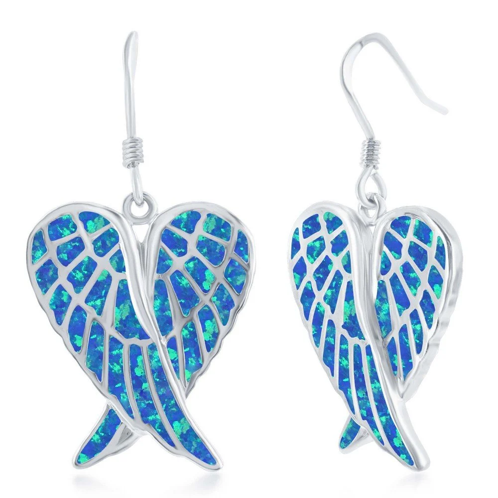 Sterling Silver, Blue Inlay Opal Angel Wings Earrings