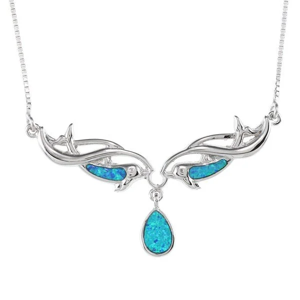 Sterling Silver, Blue Inlay Opal Dolphins and Teardrop Necklace