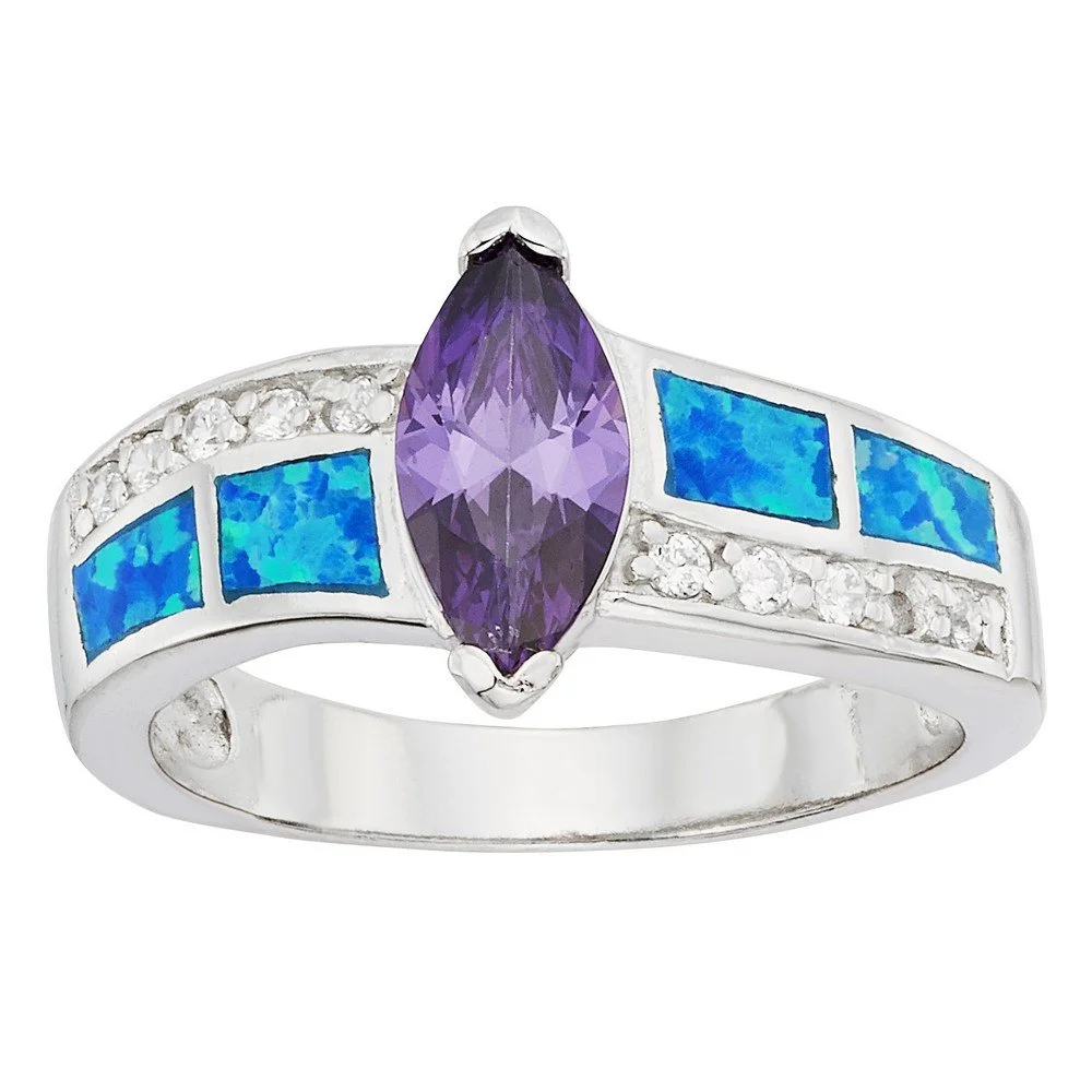 Sterling Silver, CZ, Opal and Marquise Purple CZ Ring