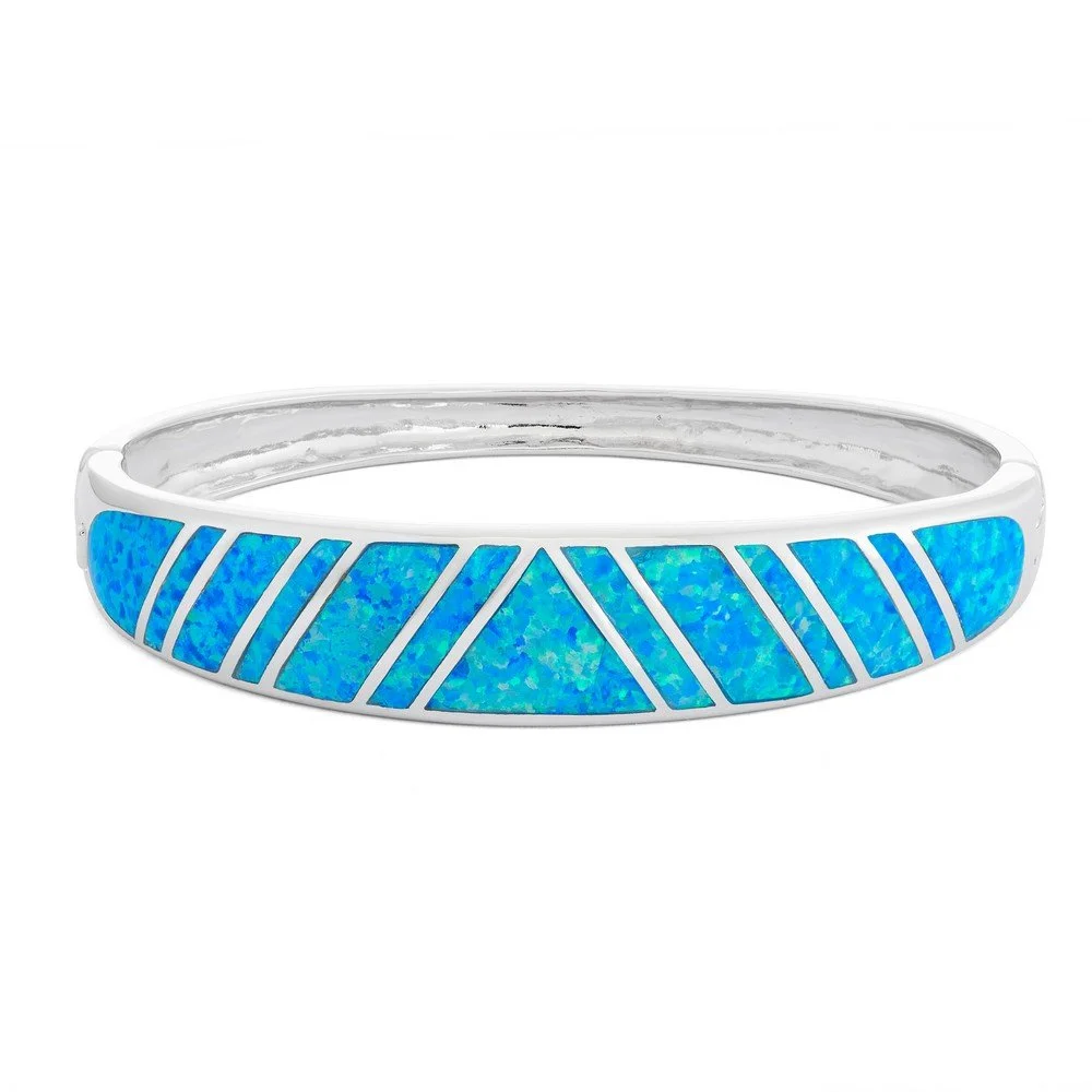 Sterling Silver Blue Inlay Opal Heavy Hinged Bangle